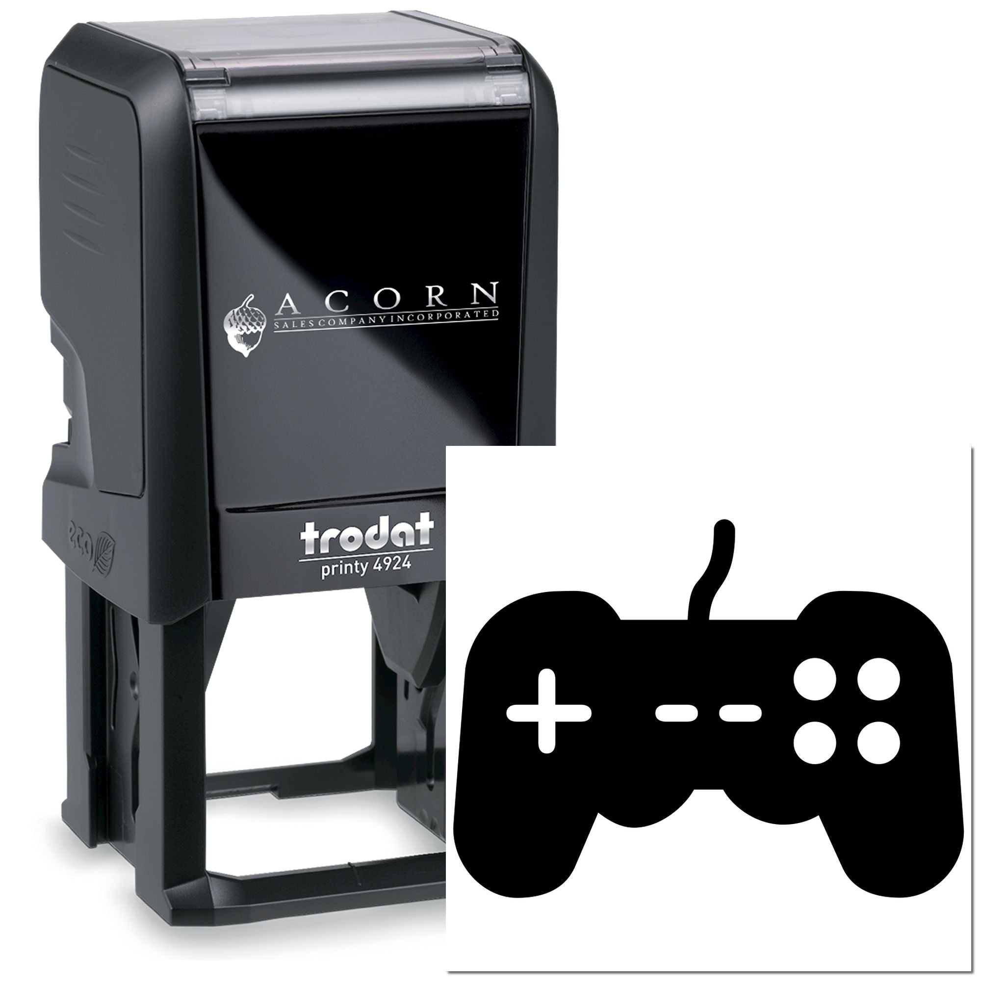 Custom self-inking rubber stamp for gaming brands, featuring a video game controller logo, Trodat Printy 4924.