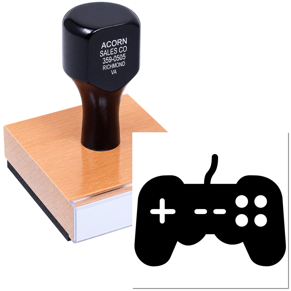 Custom rubber stamp with video game controller icon, shown mounted on a stamp handle for personalized branding.