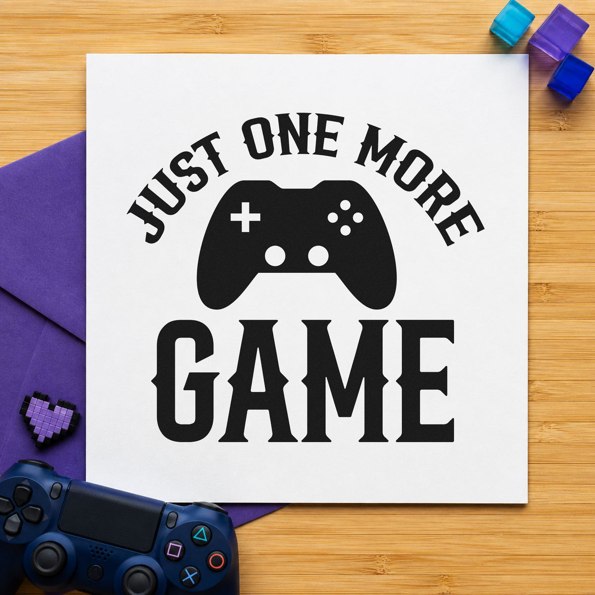 Just One More Game craft stamp in black ink on cardstock, an easy option for rivalry album page.
