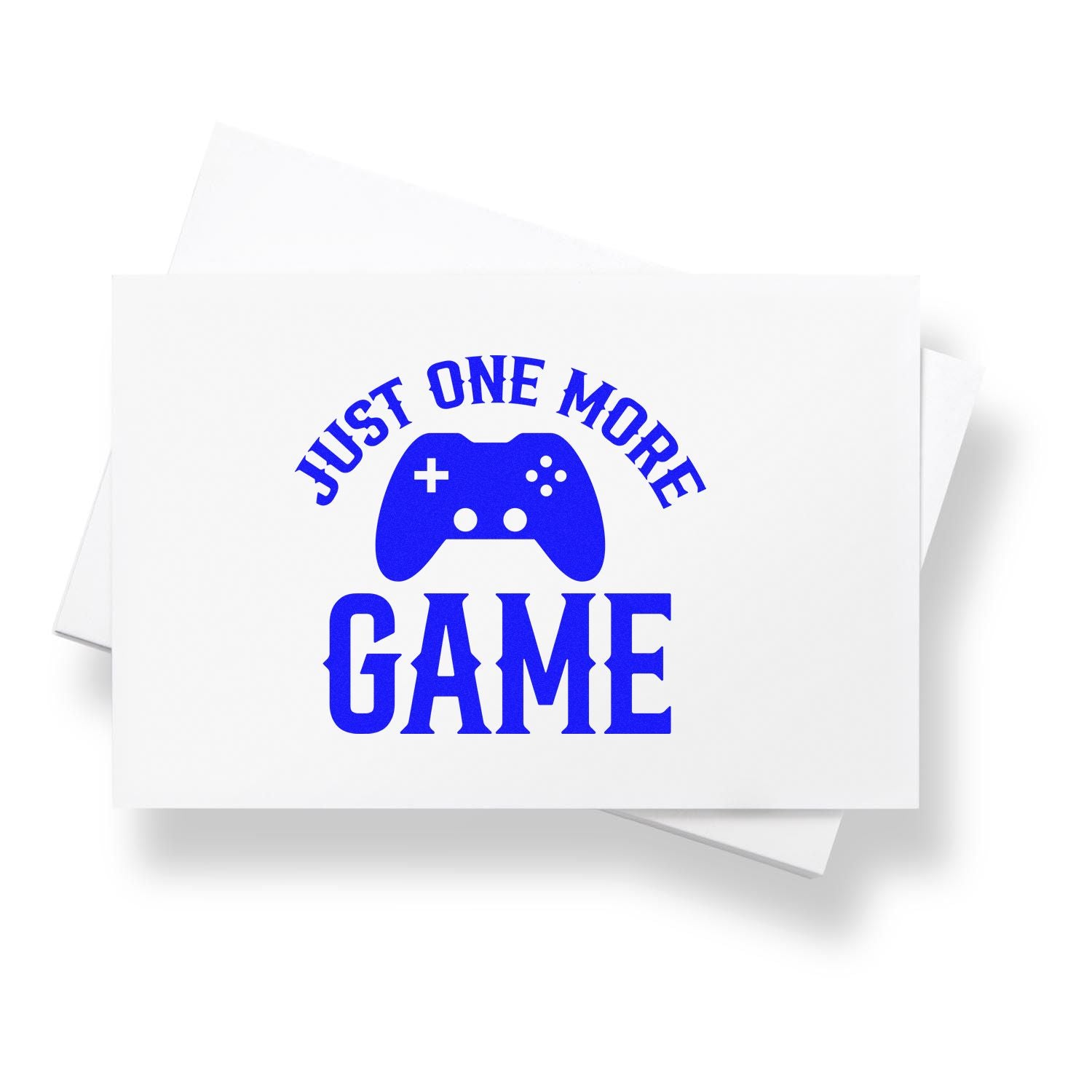 Just One More Game rubber stamp design with blue game controller icon, perfect for gamer gifts, cards, and scrapbooking.