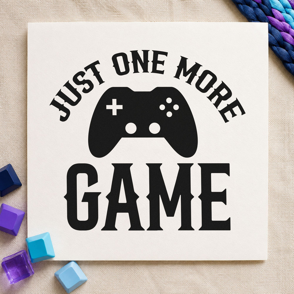 Just One More Game craft stamp imprint in black ink on a handmade project, one idea being winner gift tags.