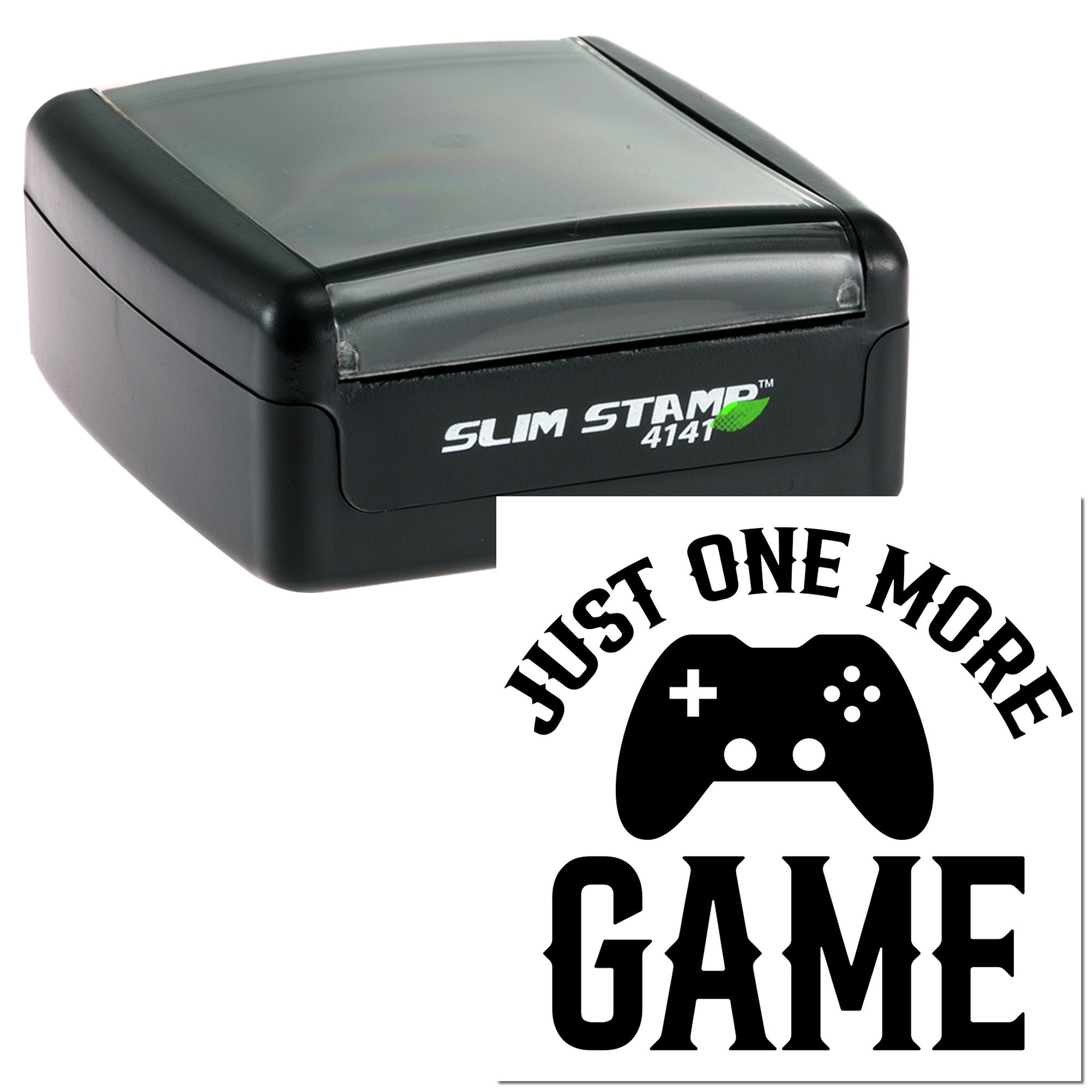 Custom self-inking rubber stamp with Just One More Game gamer design and controller icon.