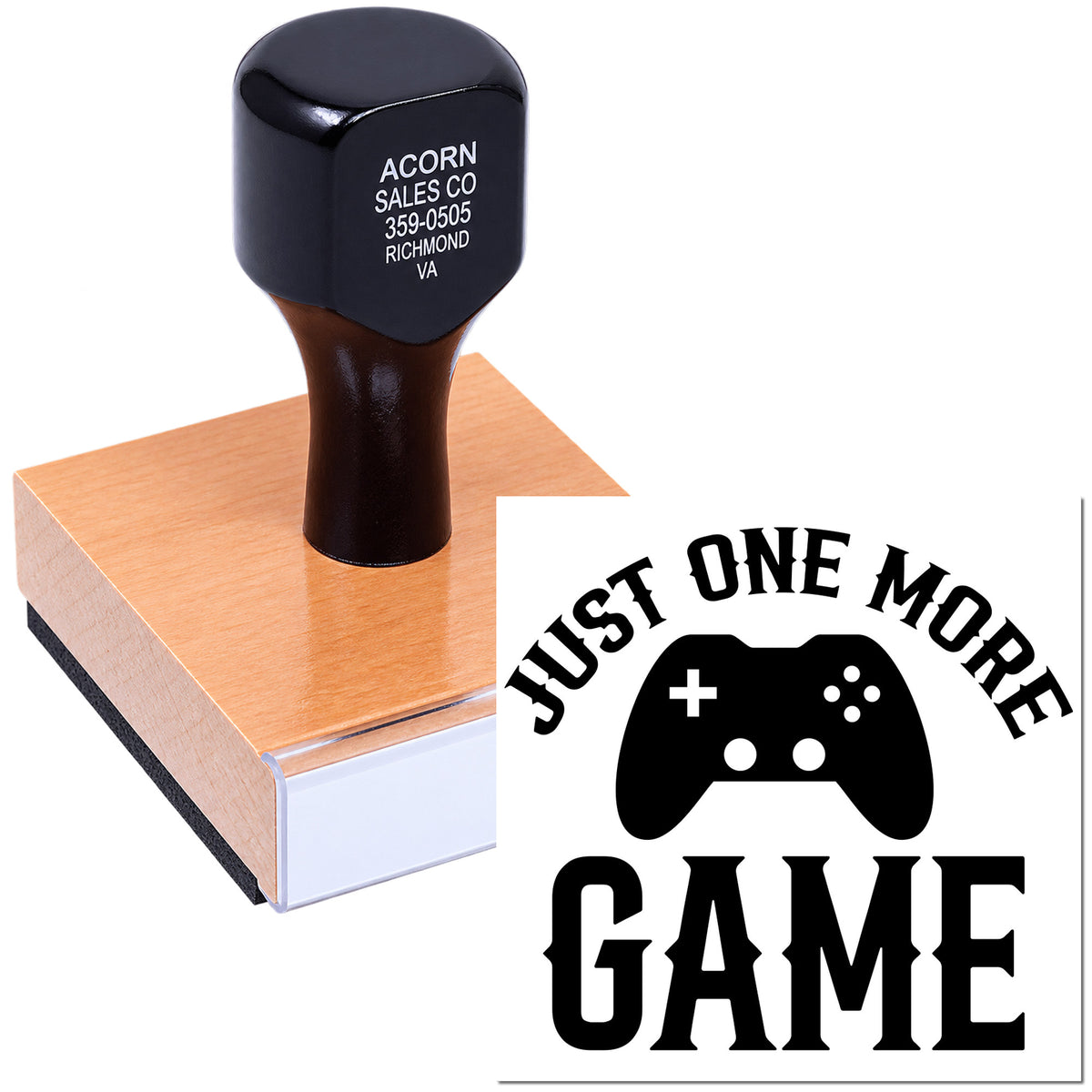 Custom rubber stamp with Just One More Game gaming logo on wooden block, ideal for gamer branding and personalized stamping.