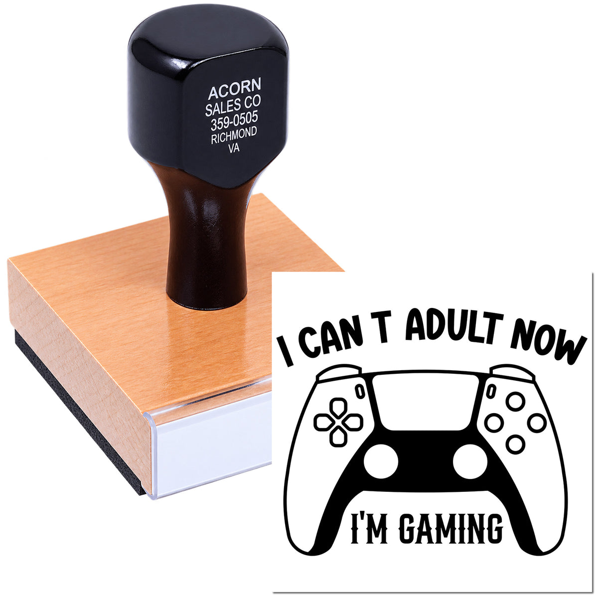 Custom rubber stamp impression with I Cant Adult Now, Im Gaming gamer controller design for fun projects.
