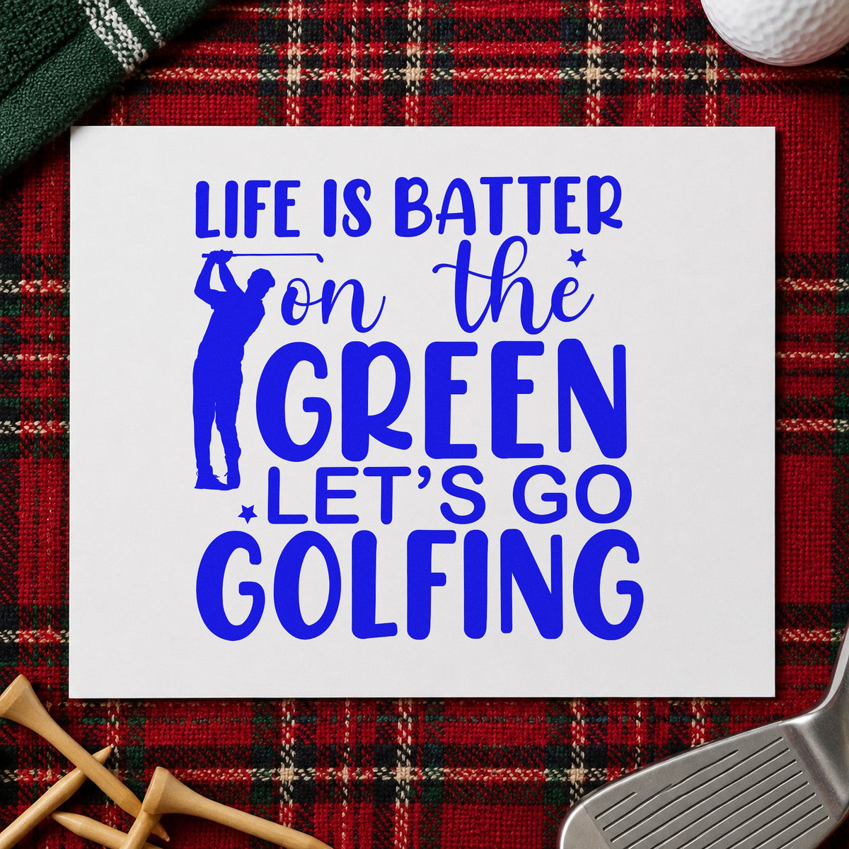 Life On Green Golfing craft stamp imprinted in blue ink on paper, a design suited to framed shop counter.