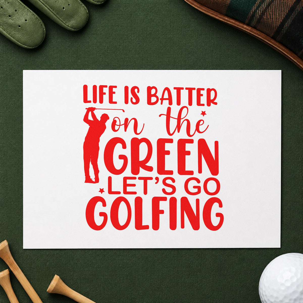 Life On Green Golfing craft stamp imprint in red ink on a handmade project, one idea being course info cards.