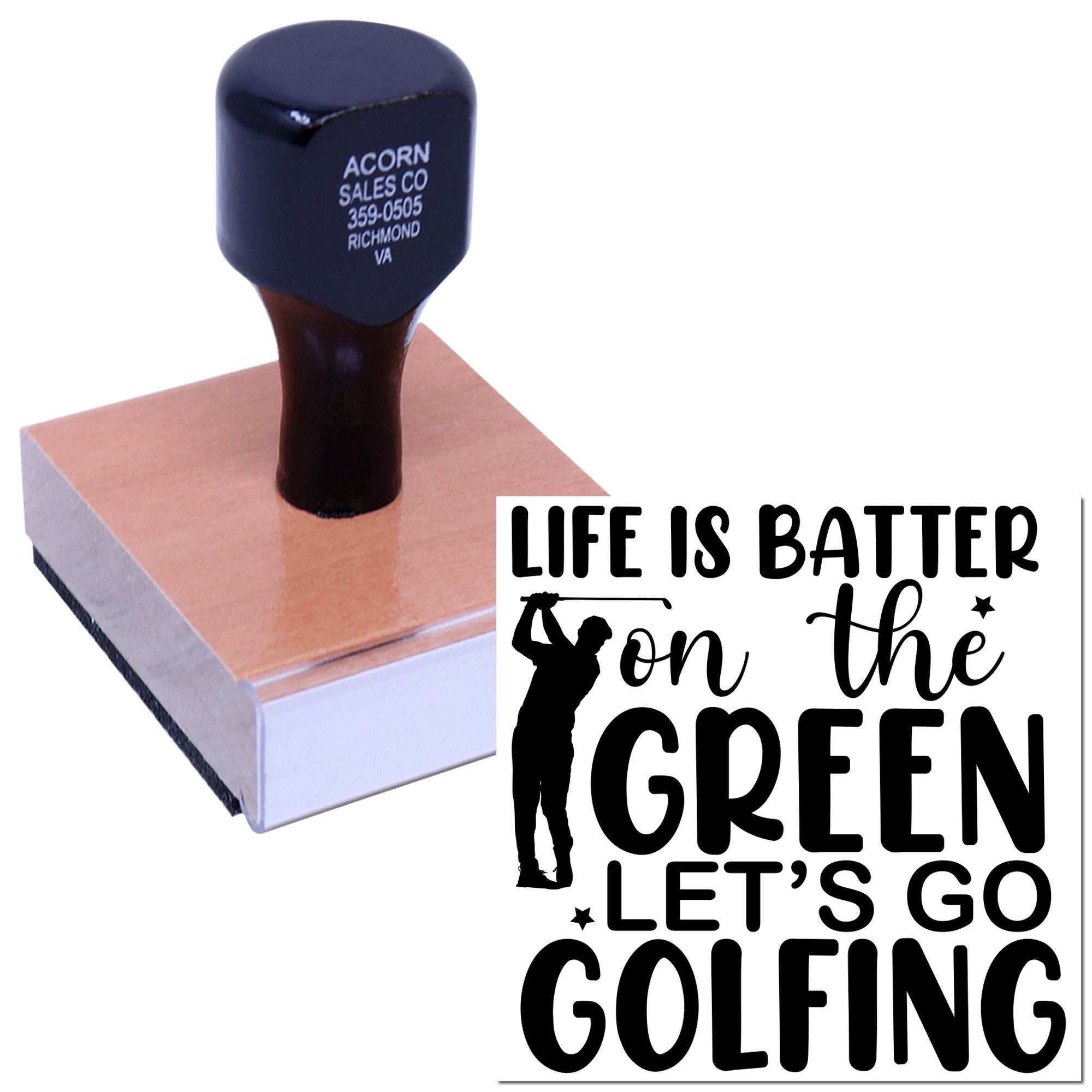 Custom golf rubber stamp with Life is better on the green, lets go golfing design for personalized notes and invitations.