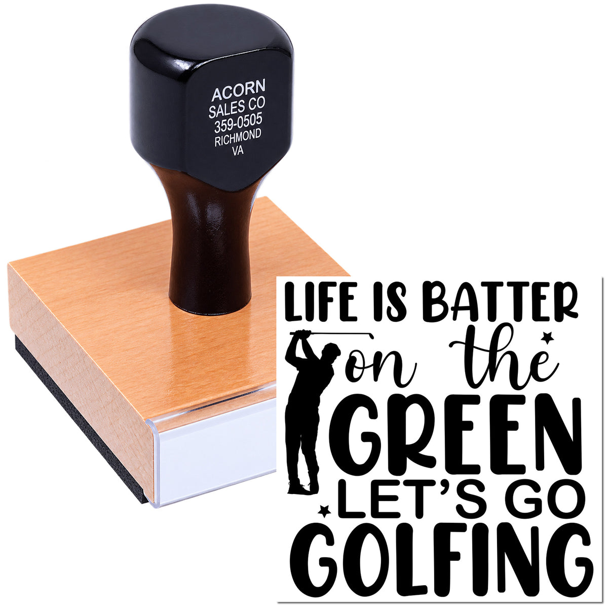 Custom golf rubber stamp with Life is better on the green, lets go golfing design for personalized notes and invitations.
