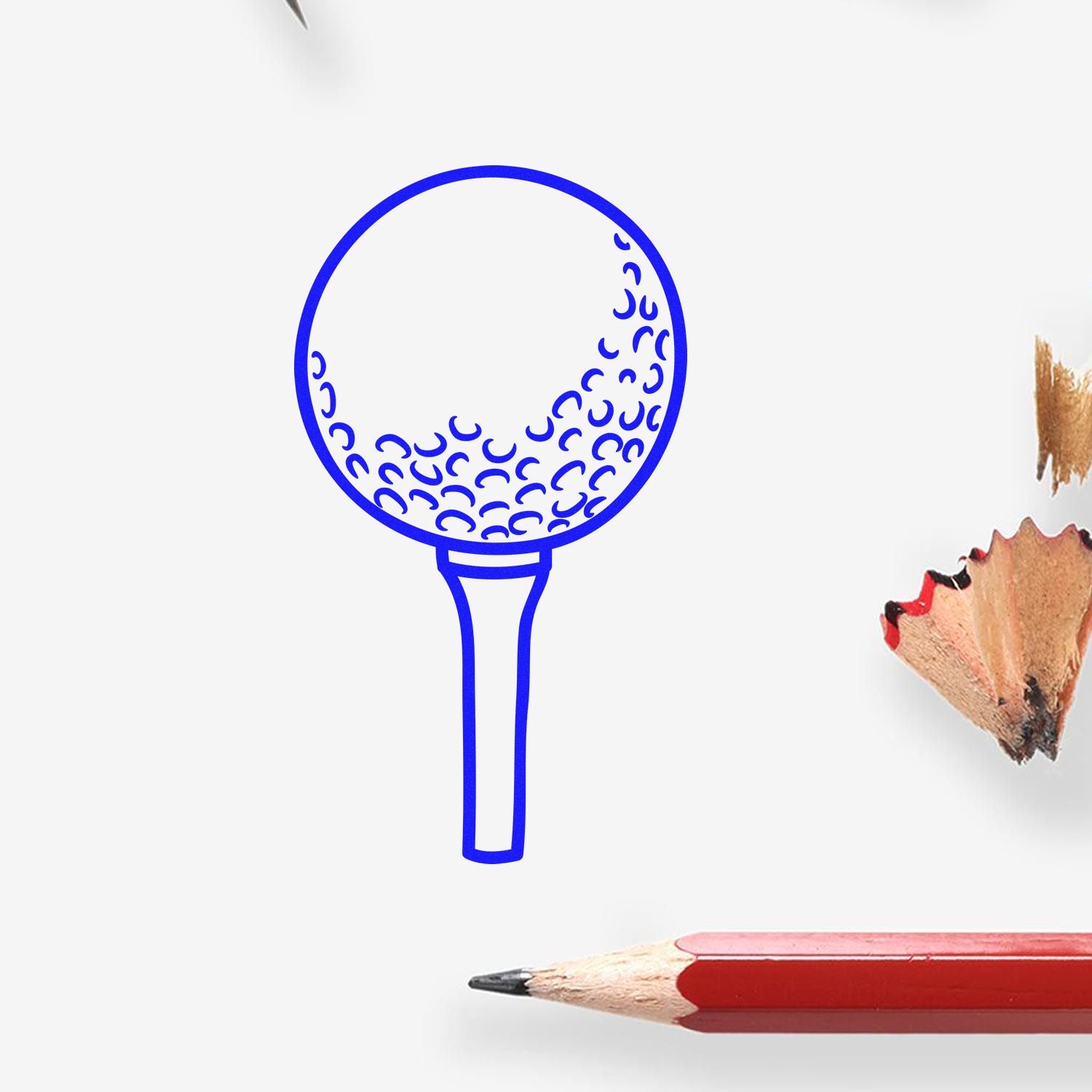 Custom rubber stamp design of a golf ball on a tee in blue line art for sports-themed branding and crafting.