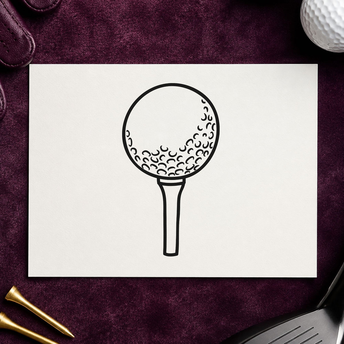 Golf Ball On Tee craft stamp imprint in black ink on a handmade project, one idea being junior kit gift tags.