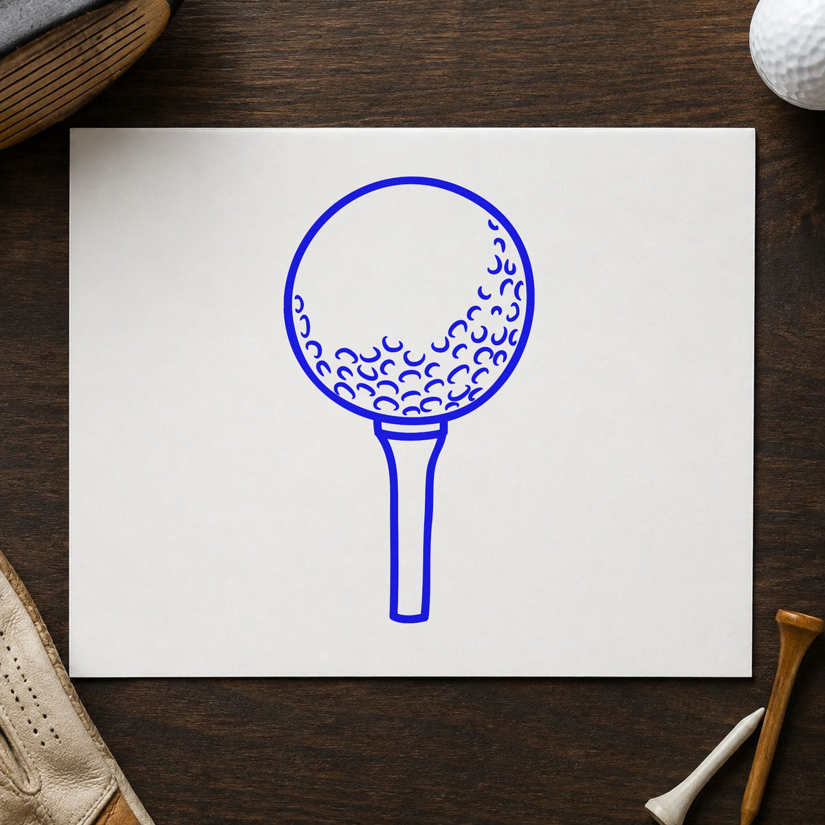 Golf Ball On Tee craft stamp imprinted in blue ink on paper, a design suited to framed range shelter.