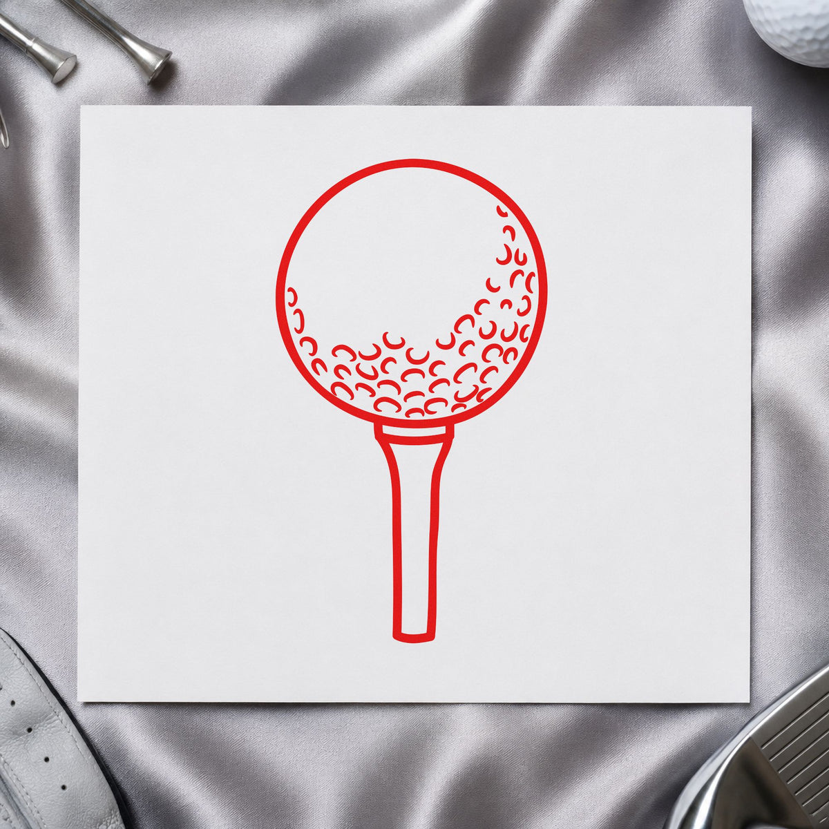 Golf Ball On Tee rubber stamp shown in red ink, stamped for projects such as bin club labels.