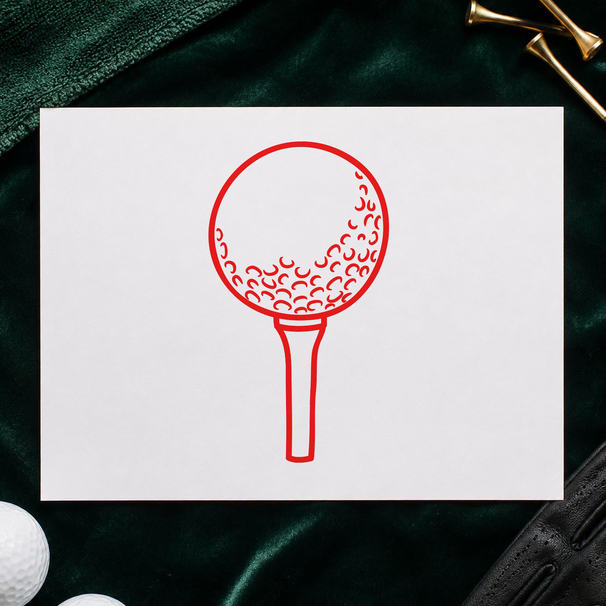 Golf Ball On Tee craft stamp imprint in red ink on a handmade project, one idea being lesson note cards.