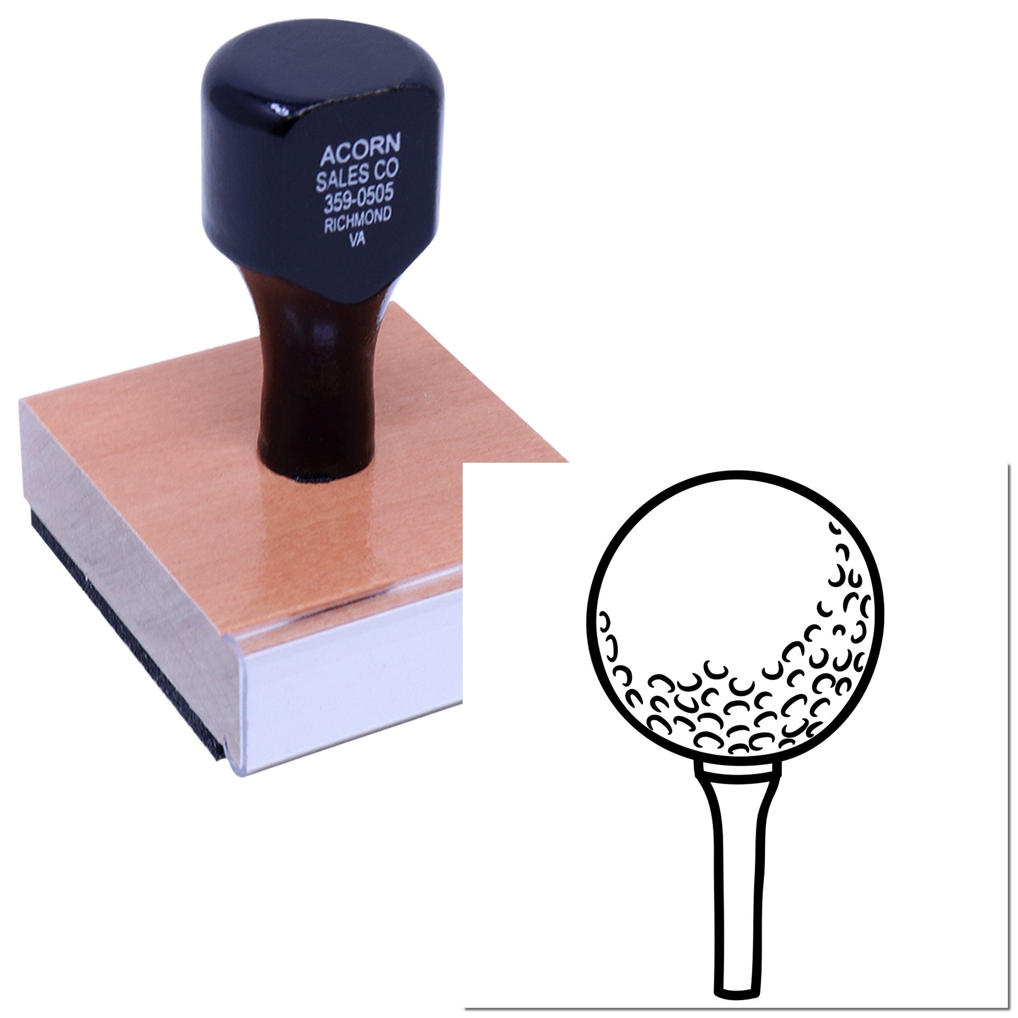Personalized golf ball rubber stamp for marking custom logos on golf balls, shown with stamp handle and design.
