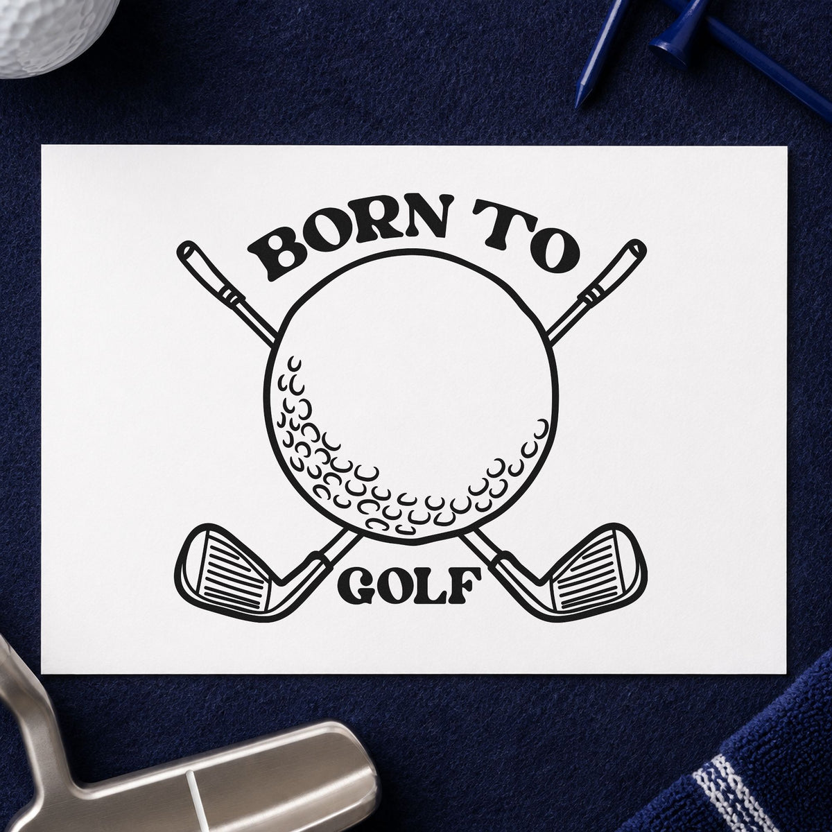 Born To Golf Clubs craft stamp in black ink on cardstock, an easy option for joining year album page.