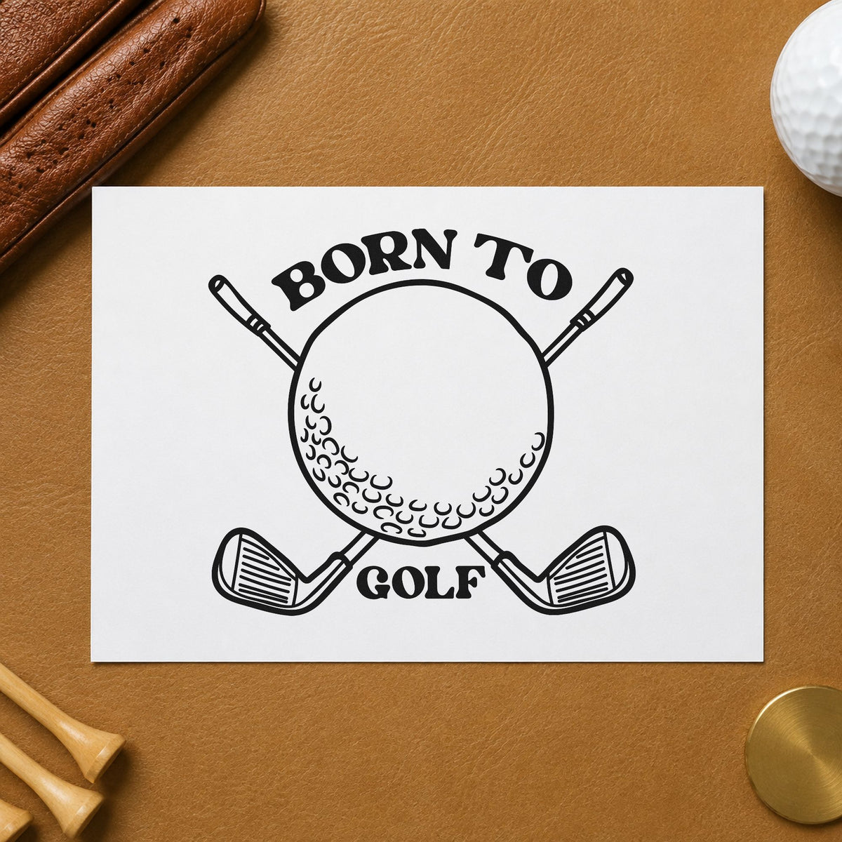 Born To Golf Clubs craft stamp imprint in black ink on a handmade project, one idea being welcome kit gift tags.