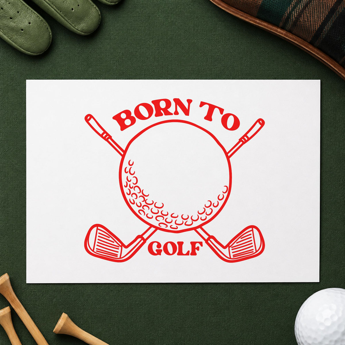 Born To Golf Clubs craft stamp imprint in red ink on a handmade project, one idea being member info cards.