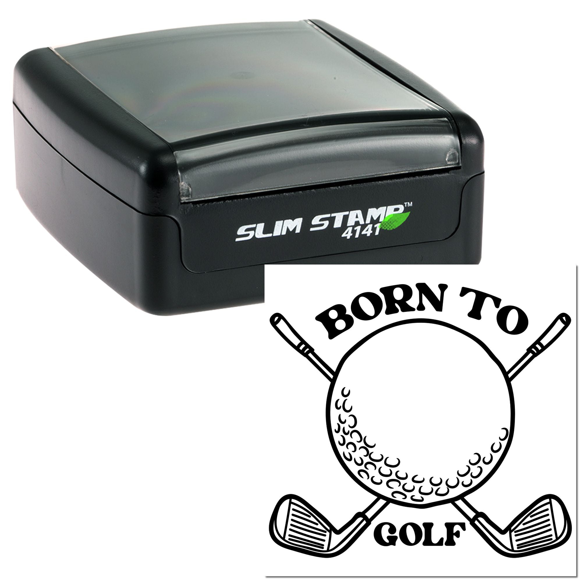 Self-inking custom rubber stamp with Born to Golf golf ball and crossed clubs design.