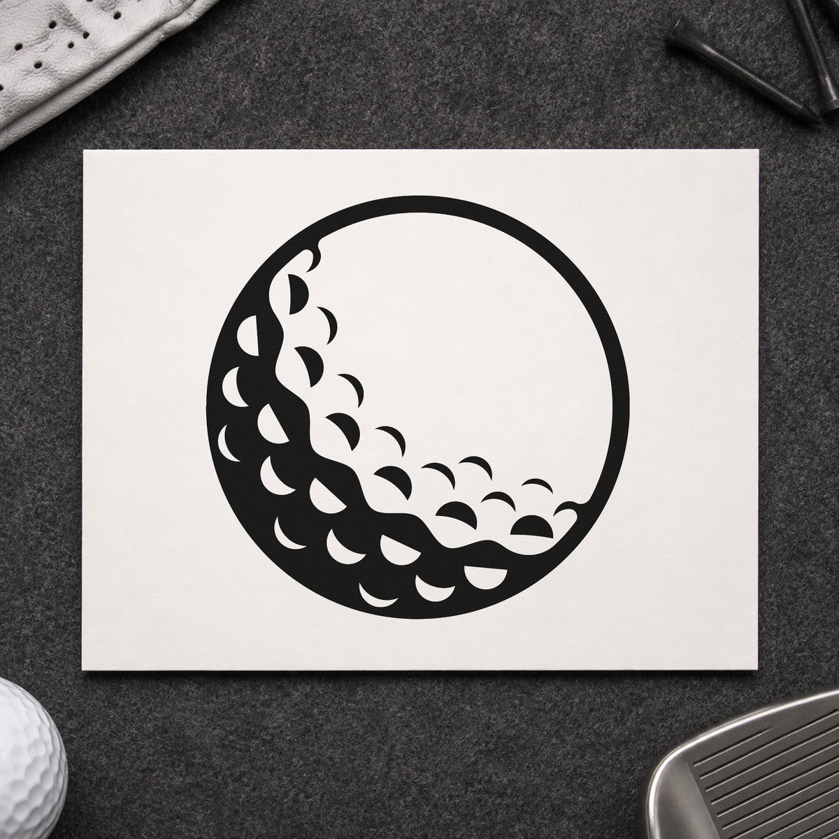 Large Shaded Golf Ball craft stamp in black ink on cardstock, an easy option for mini course album page.