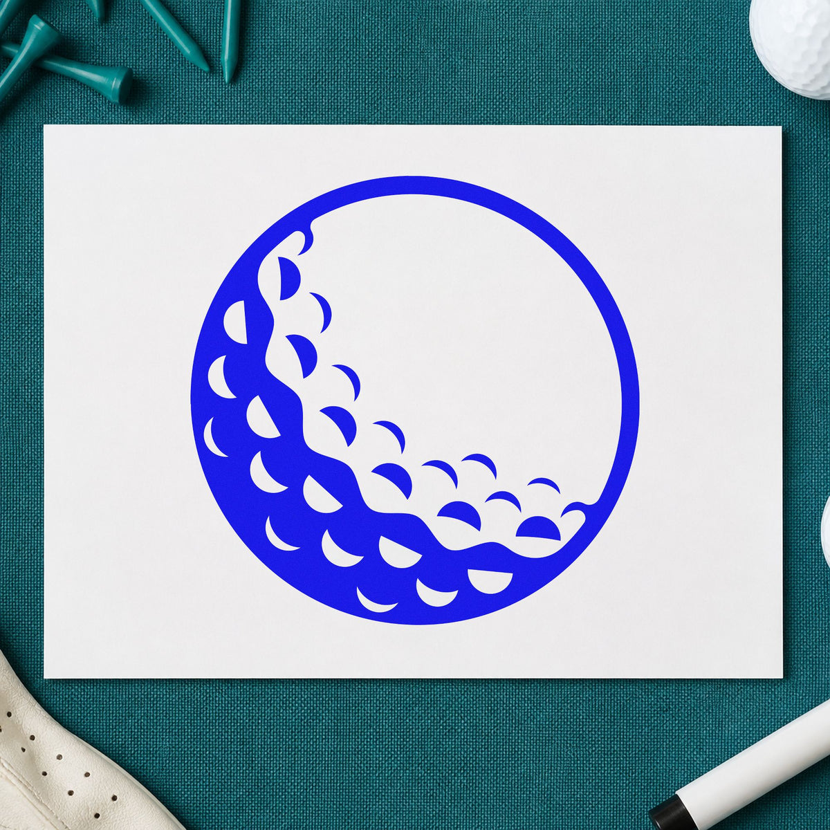 Large Shaded Golf Ball craft stamp imprinted in blue ink on paper, a design suited to framed kiosk window.
