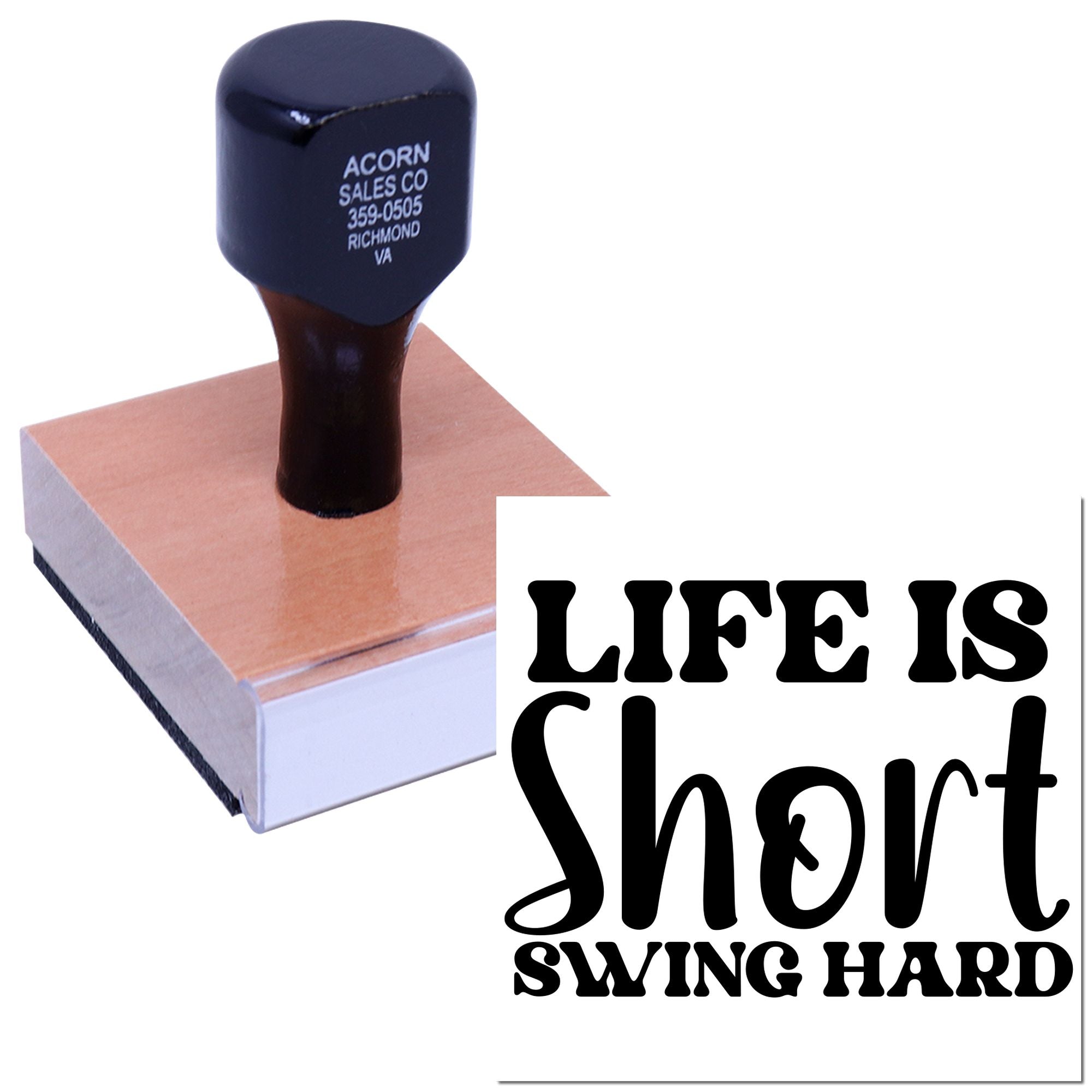 Custom rubber stamp with Life Is Short Swing Hard design for golf-themed projects, packaging, and personalized stamping.