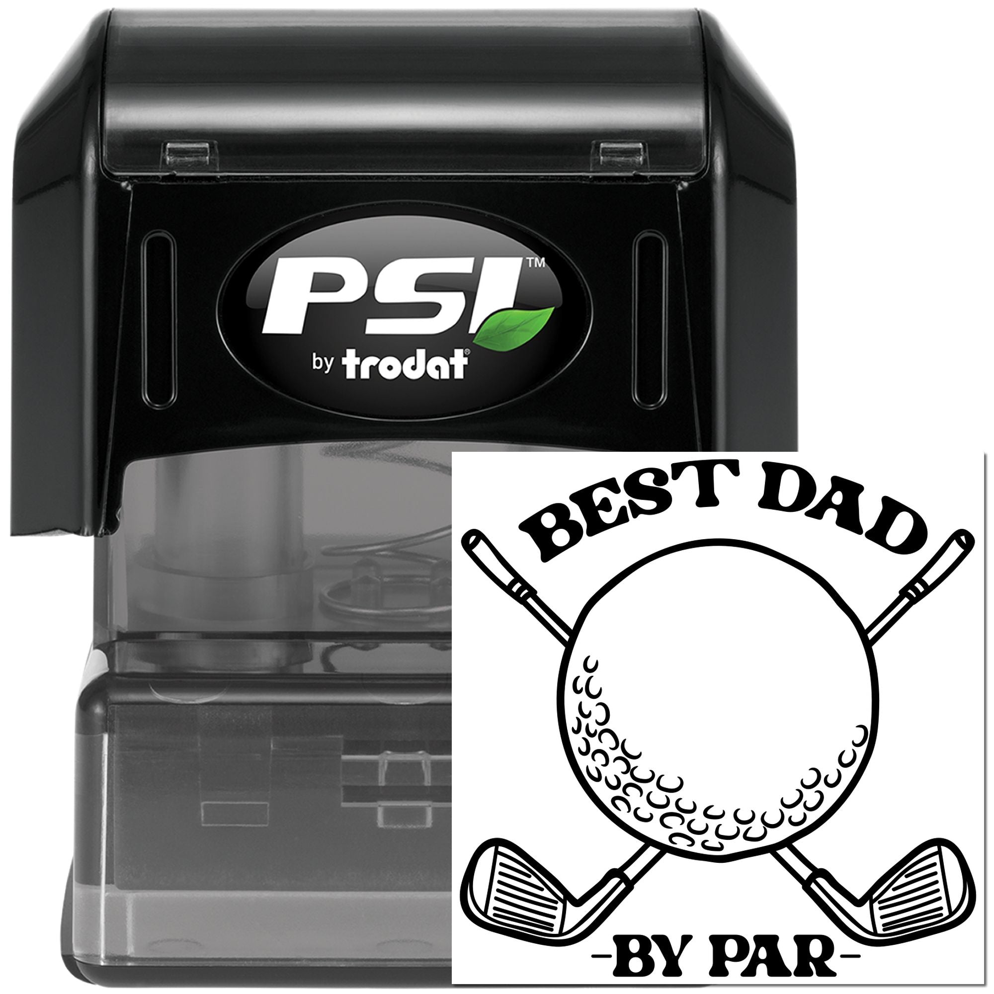 Custom self-inking golf rubber stamp with Best Dad by Par imprint for dads, featuring crossed clubs.