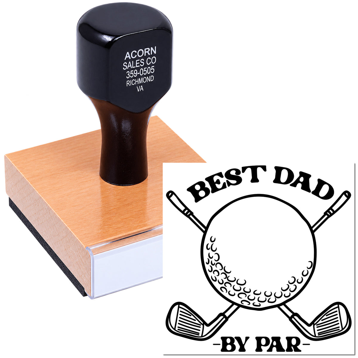 Custom golf-themed Best Dad rubber stamp with wooden handle for personalized Fathers Day cards and branding.