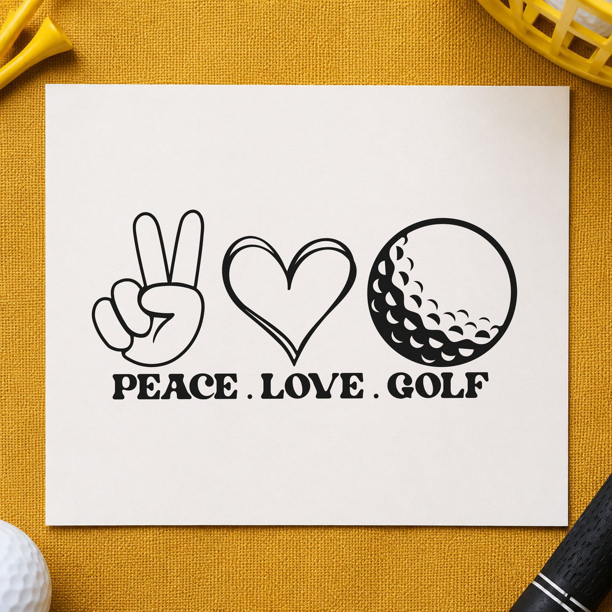 Peace Love Golf Icons craft stamp imprint in black ink on a handmade project, one idea being raffle prize gift tags.