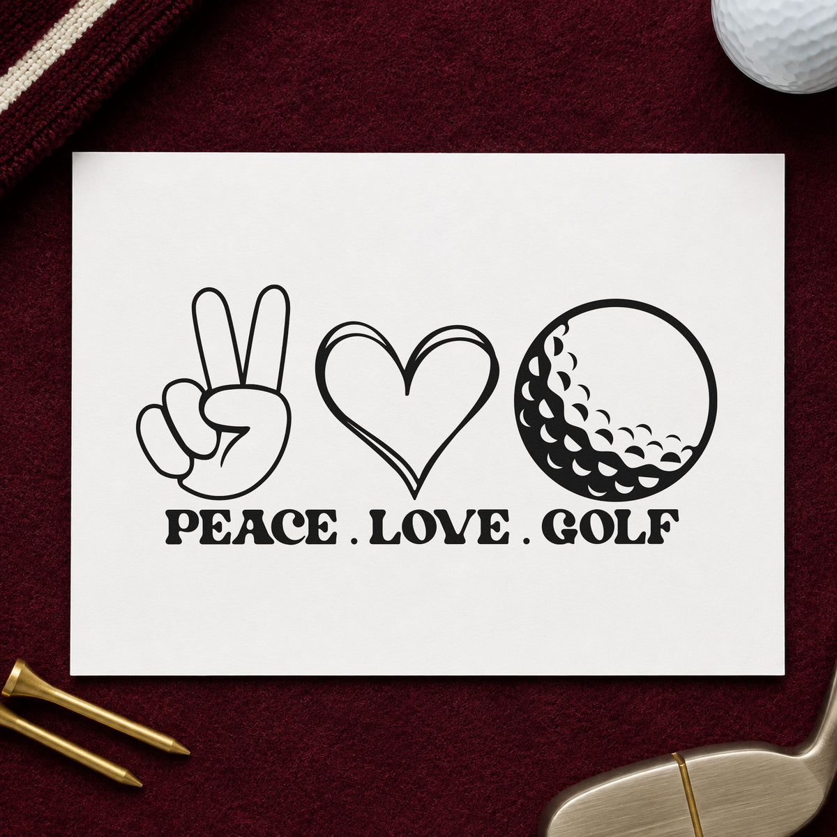 Peace Love Golf Icons rubber stamp printed in black ink, ready for team entry sheet and similar paper crafts.