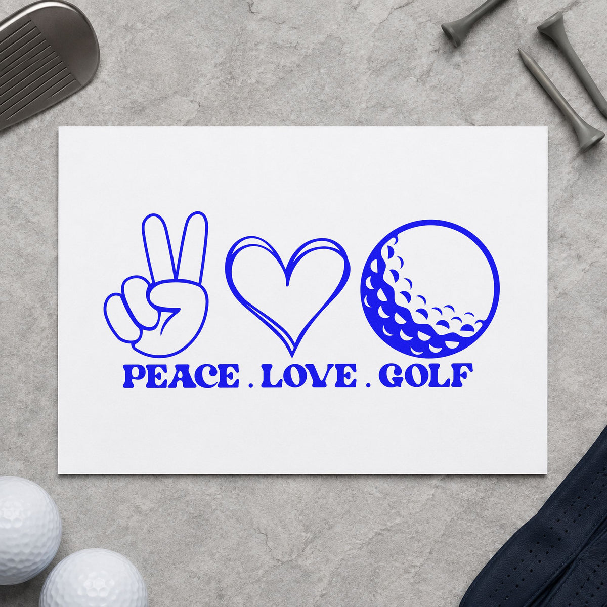 Peace Love Golf Icons craft stamp in blue ink on cardstock, an easy option for tee banner printing.