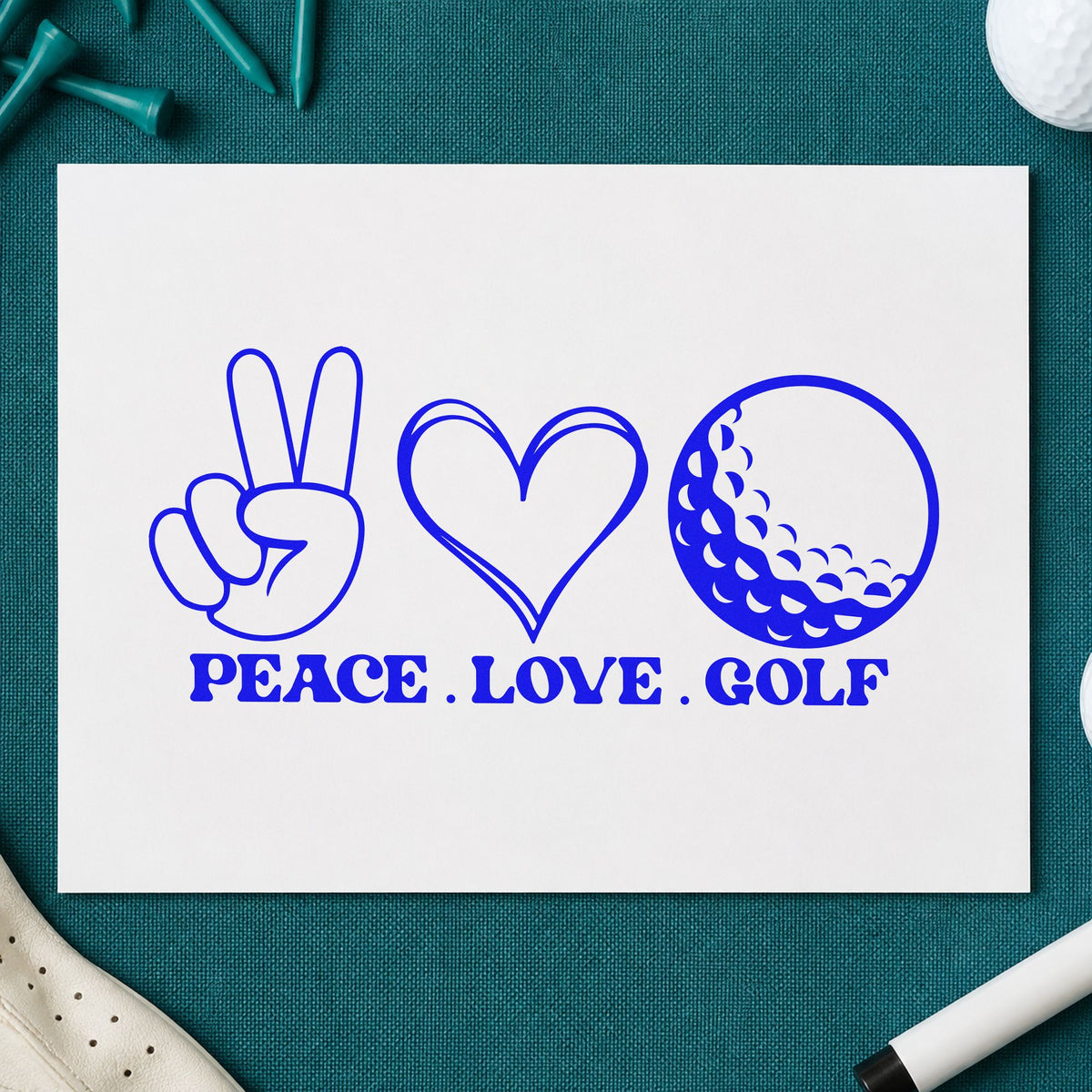 Peace Love Golf Icons craft stamp imprinted in blue ink on paper, a design suited to framed registration tent.