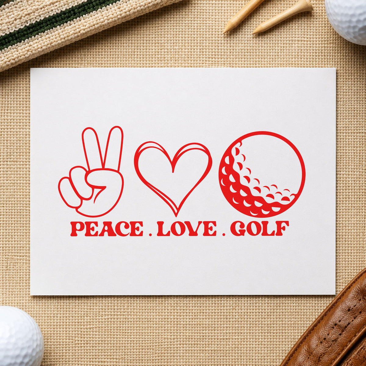 Peace Love Golf Icons rubber stamp shown in red ink, stamped for projects such as bin prize labels.