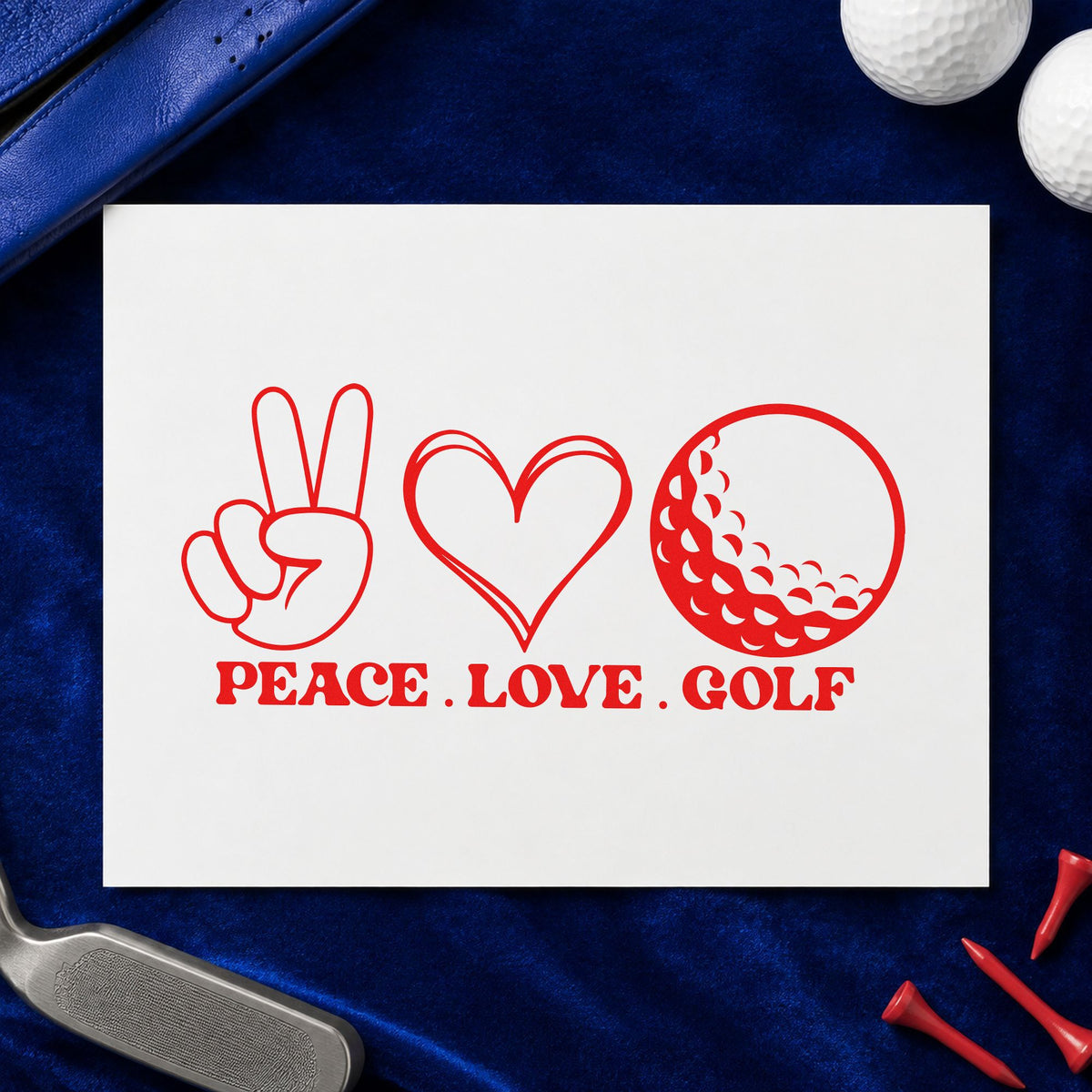 Peace Love Golf Icons craft stamp imprint in red ink on a handmade project, one idea being hole sponsor cards.