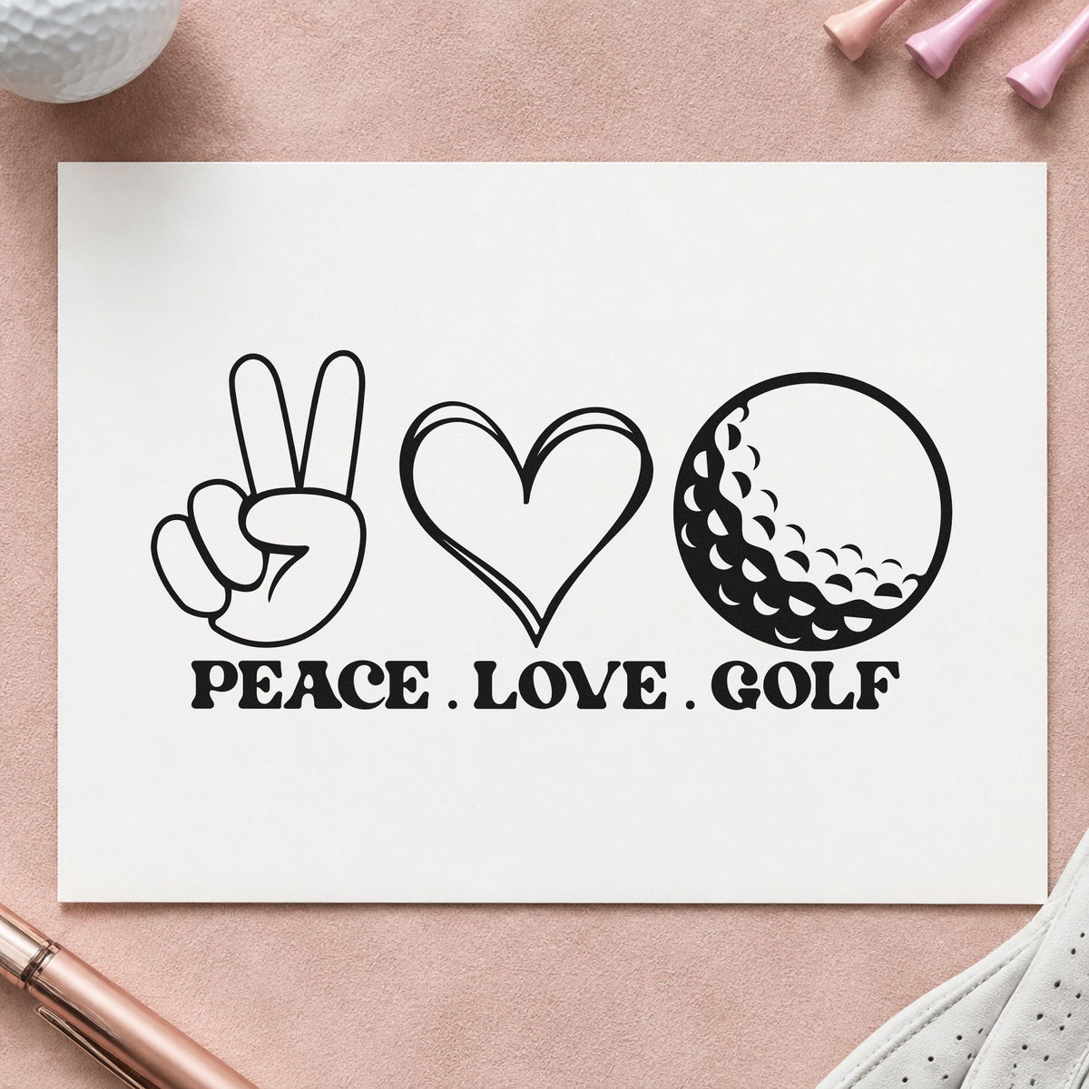 Peace Love Golf Icons rubber stamp printed in black ink, ready for peace heart cards and similar paper crafts.
