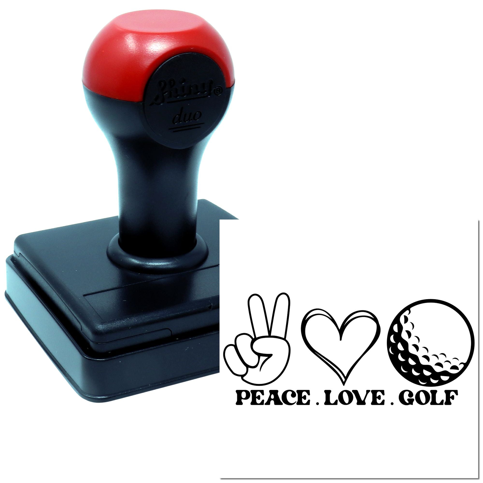 Self-inking rubber stamp with Peace Love Golf design for golf-themed cards, crafts, and personalized stamping.