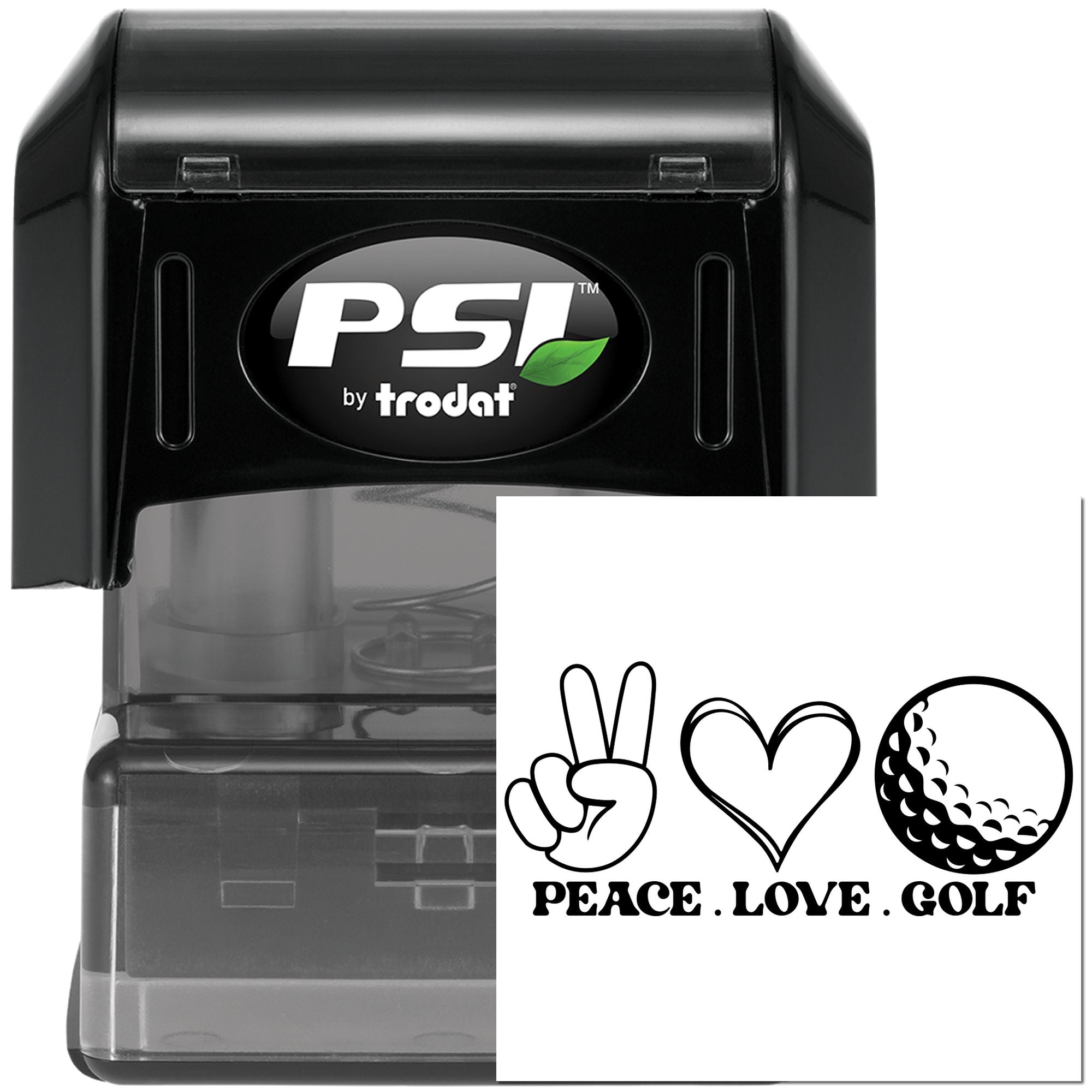 PSI by Trodat self-inking rubber stamp with Peace Love Golf design for golf clubs, events, and custom stationery.