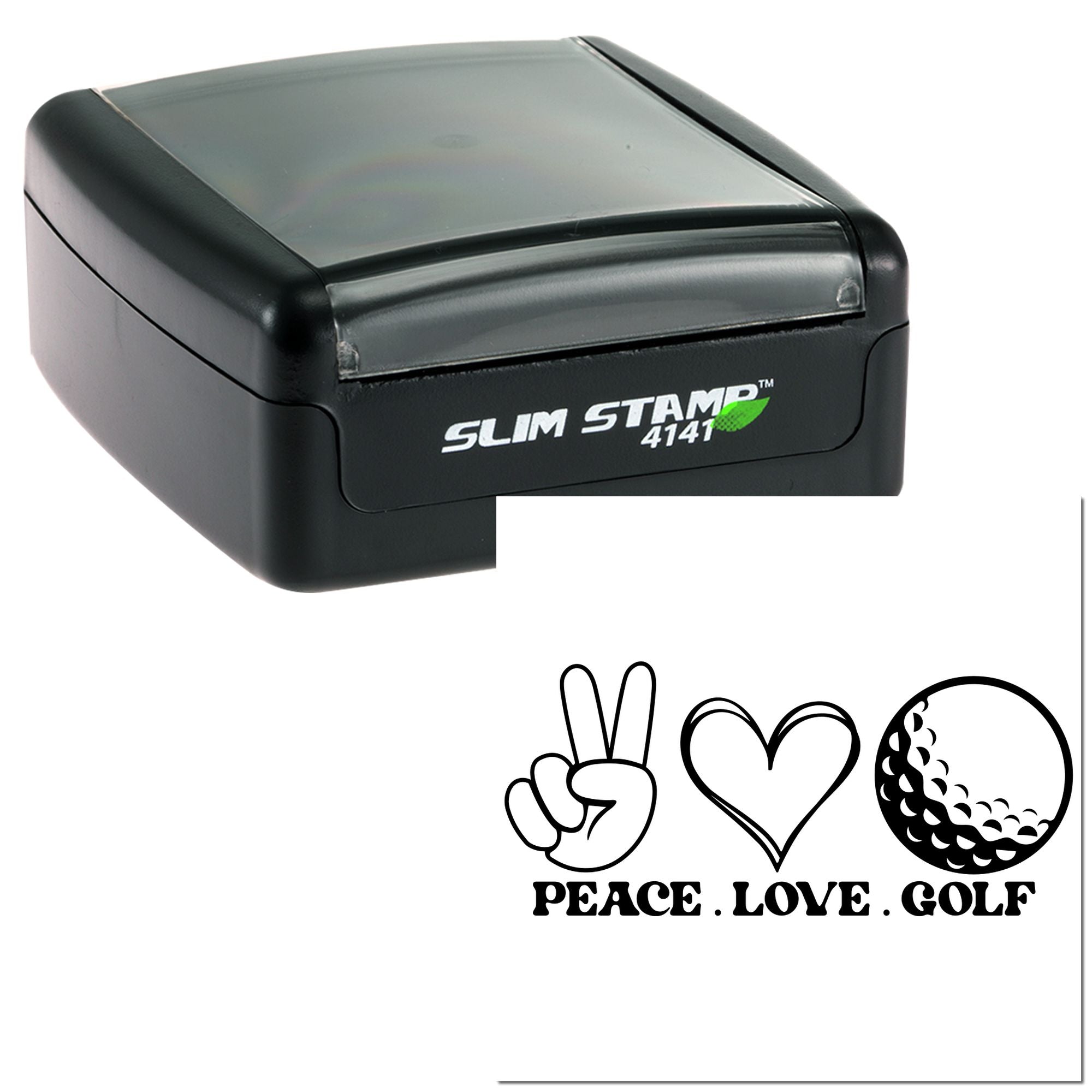 Slim self-inking rubber stamp with Peace Love Golf design, featuring a peace sign, heart, and golf ball icon.