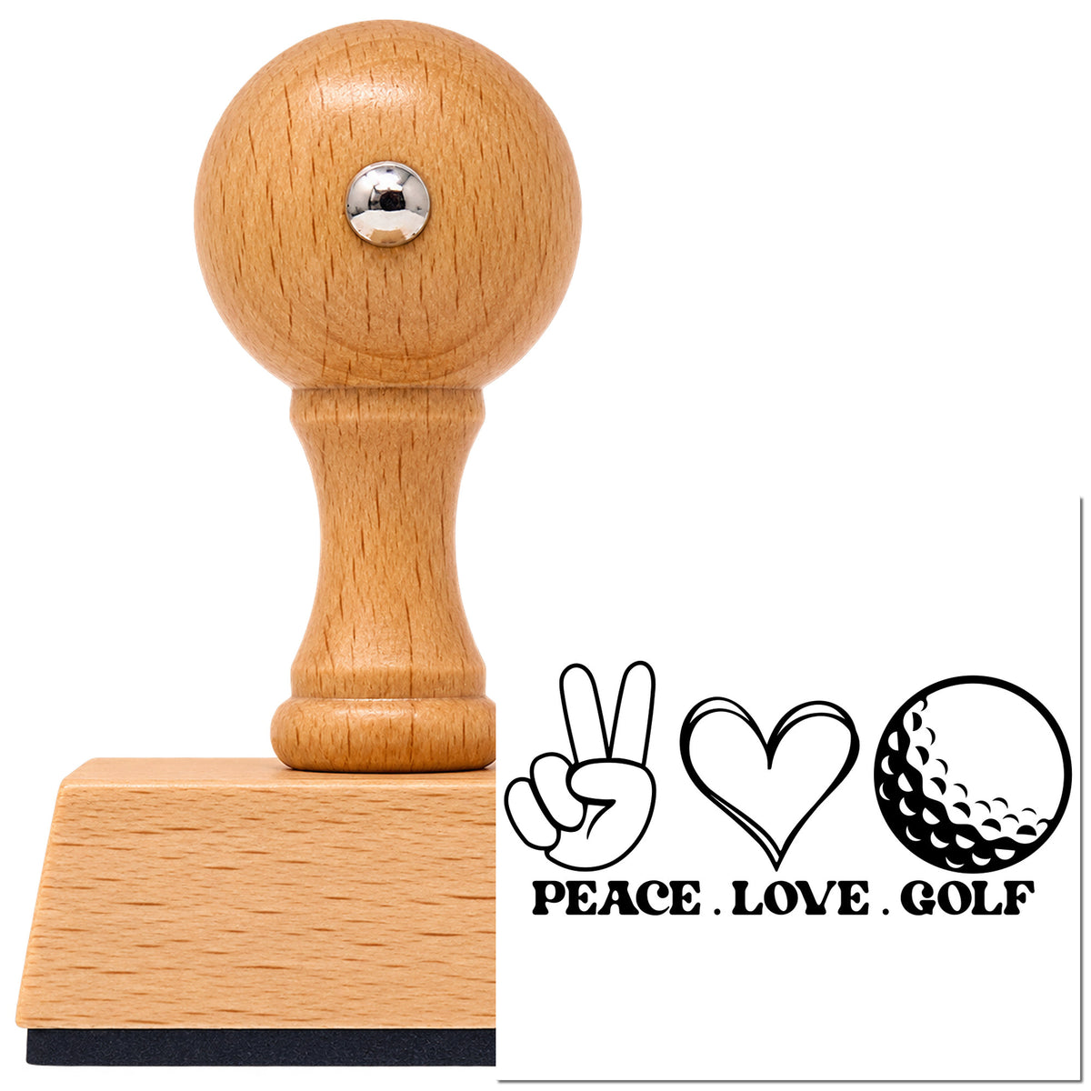 Peace Love Golf Icons With Hearts Vintage Pro rubber stamp in European beech wood with a round knob handle, shown beside its black imprint.