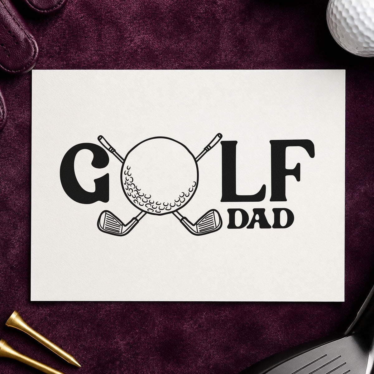 Golf Dad Ball Letter craft stamp imprint in black ink on a handmade project, one idea being junior glove tags.