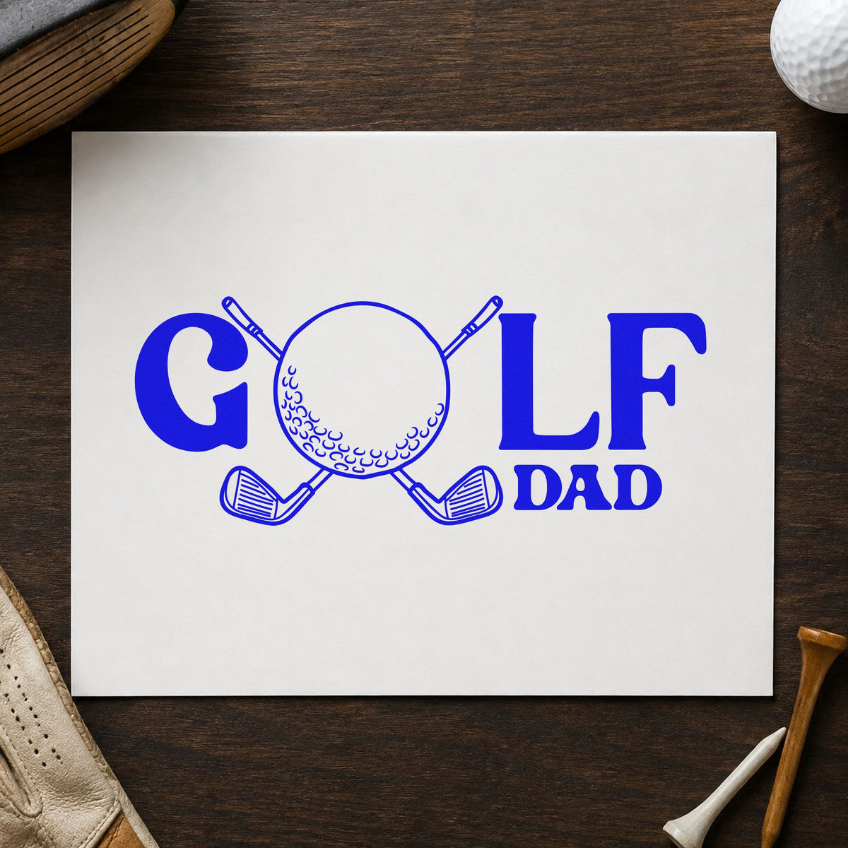 Golf Dad Ball Letter craft stamp imprinted in blue ink on paper, a design suited to framed back porch.