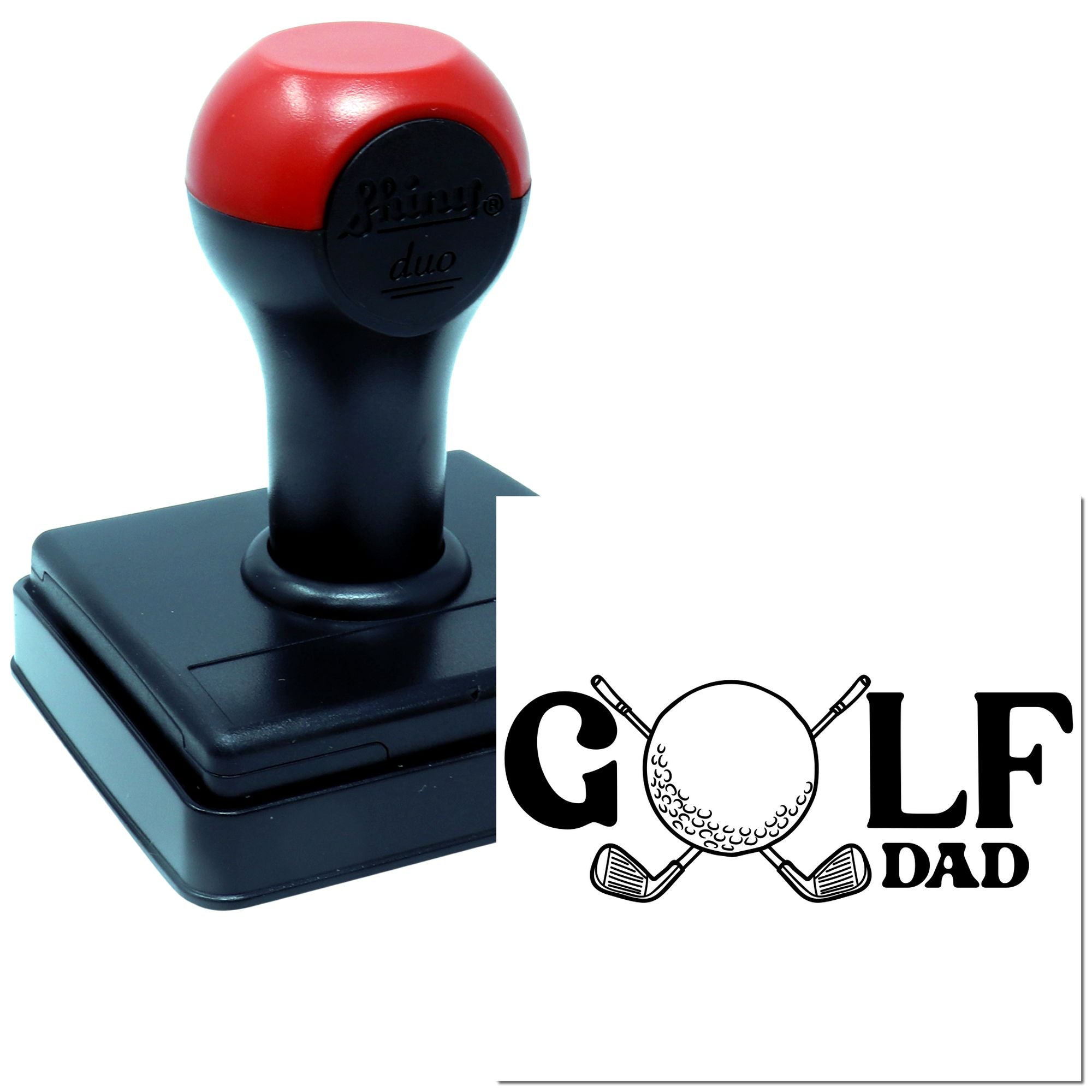 Custom self-inking rubber stamp showing Golf Dad design with golf ball and crossed clubs.