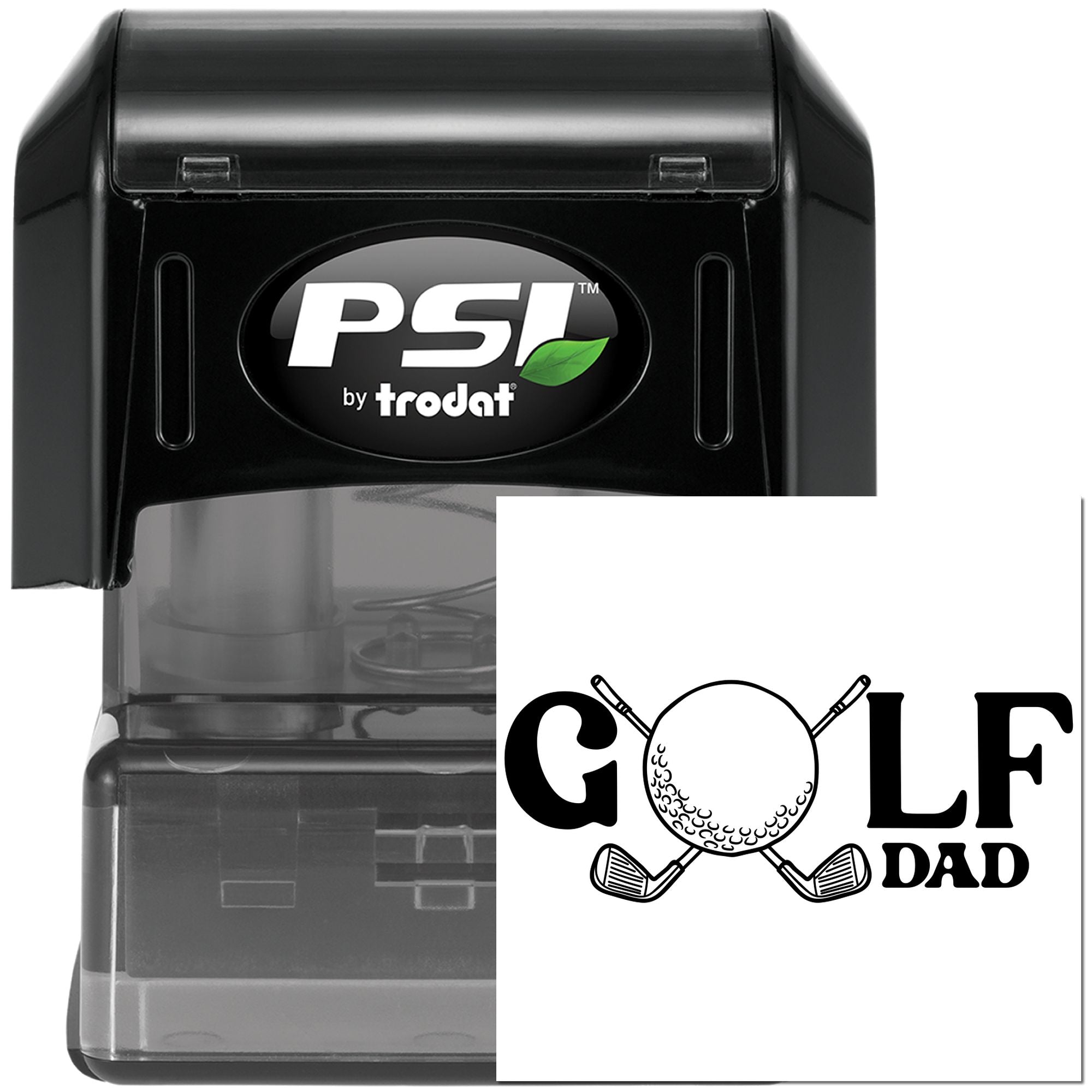 PSI by Trodat self-inking rubber stamp with Golf Dad design for personalized Fathers Day cards and golf-themed projects.