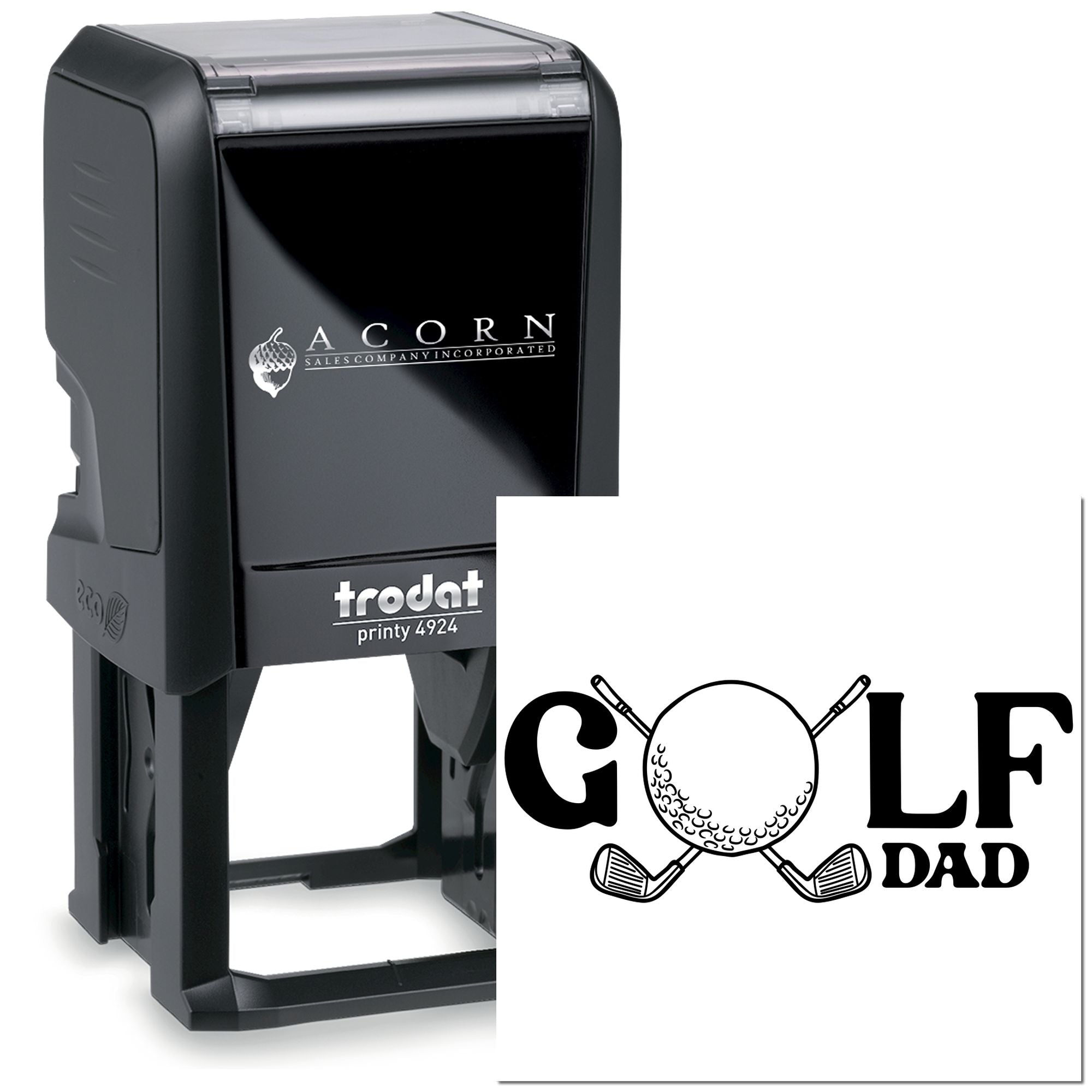Custom self-inking rubber stamp with Golf Dad golf club design, Trodat Printy 4924.