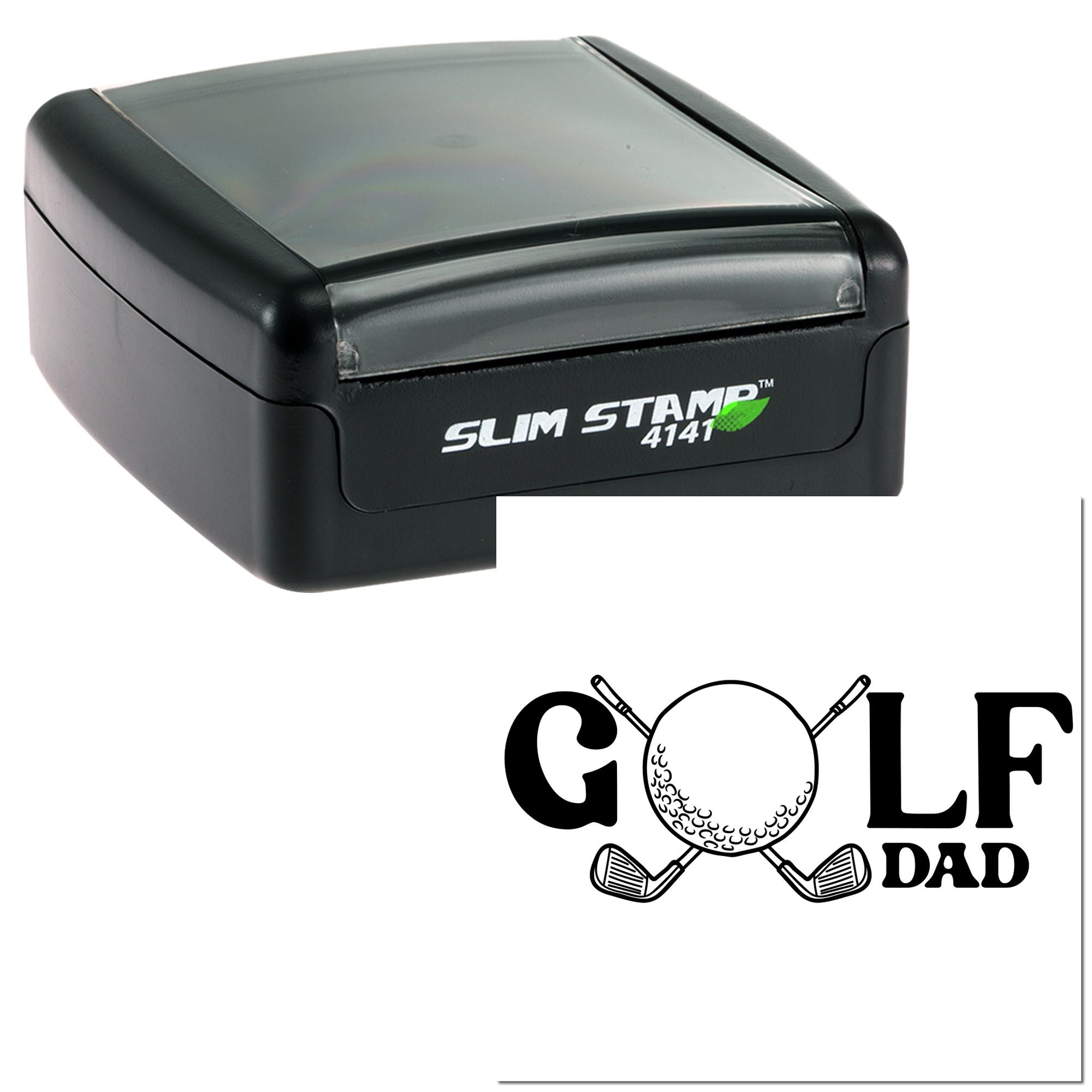 Self-inking Golf Dad rubber stamp with custom golf gift imprint, ideal for personalized cards, packaging and golf-themed projects.