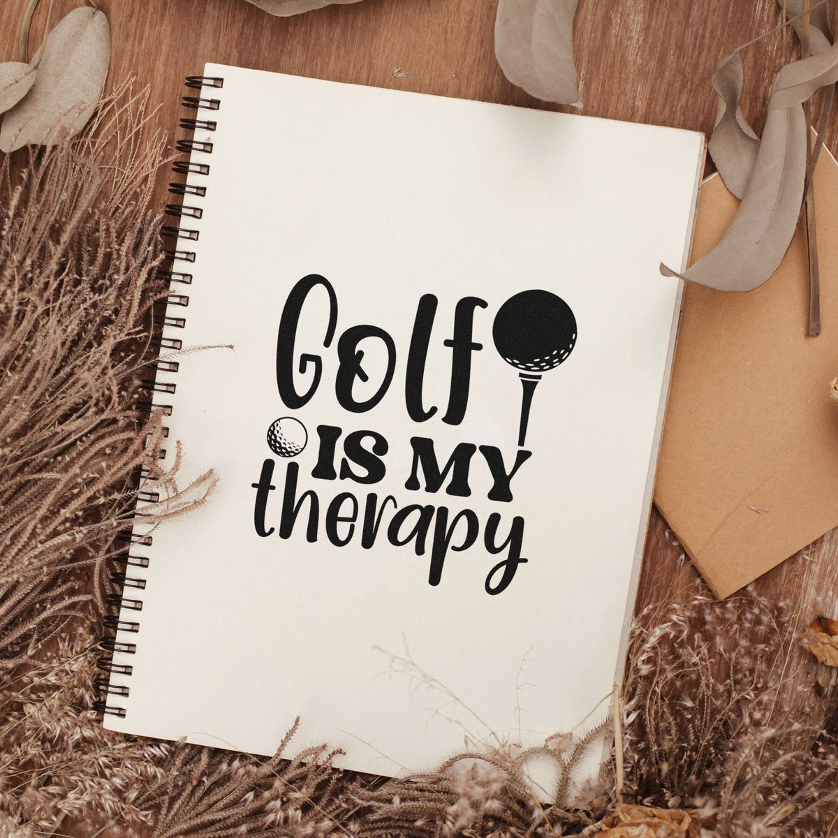 Golf Is My Therapy Stamp - Premium Vintage Pro Wooden imprint stamped in black ink. Golf IS MY therapy appears with a golf ball on a tee and a small loose ball.
