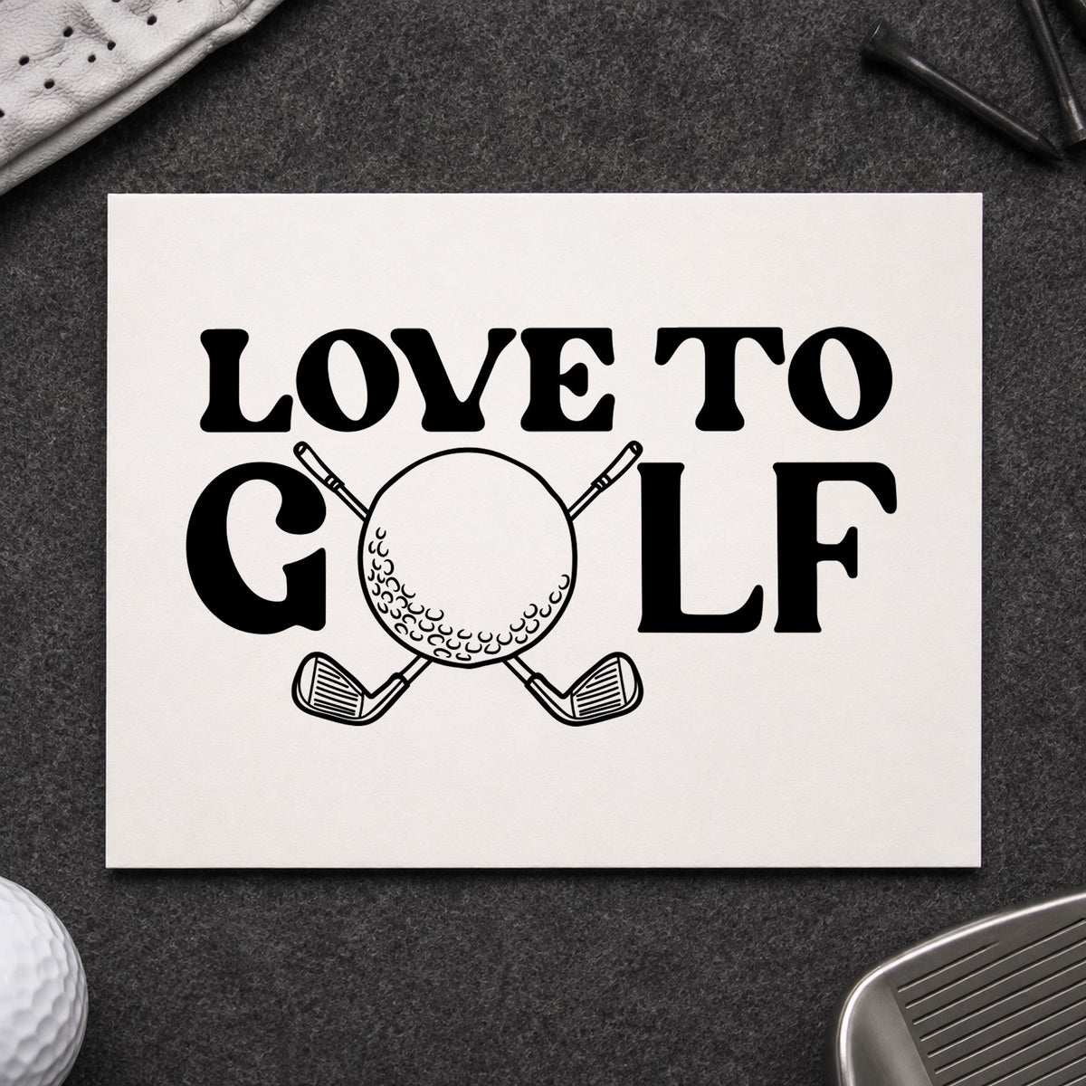 Love To Golf Clubs craft stamp in black ink on cardstock, an easy option for pair round album page.