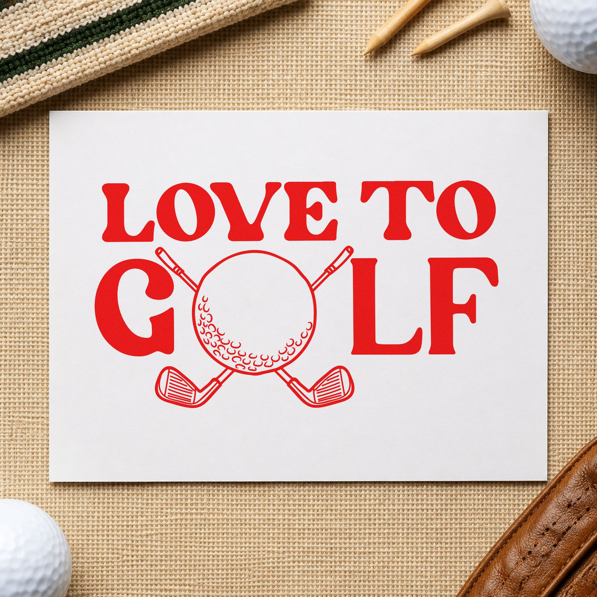 Love To Golf Clubs rubber stamp shown in red ink, stamped for projects such as bin shoe labels.