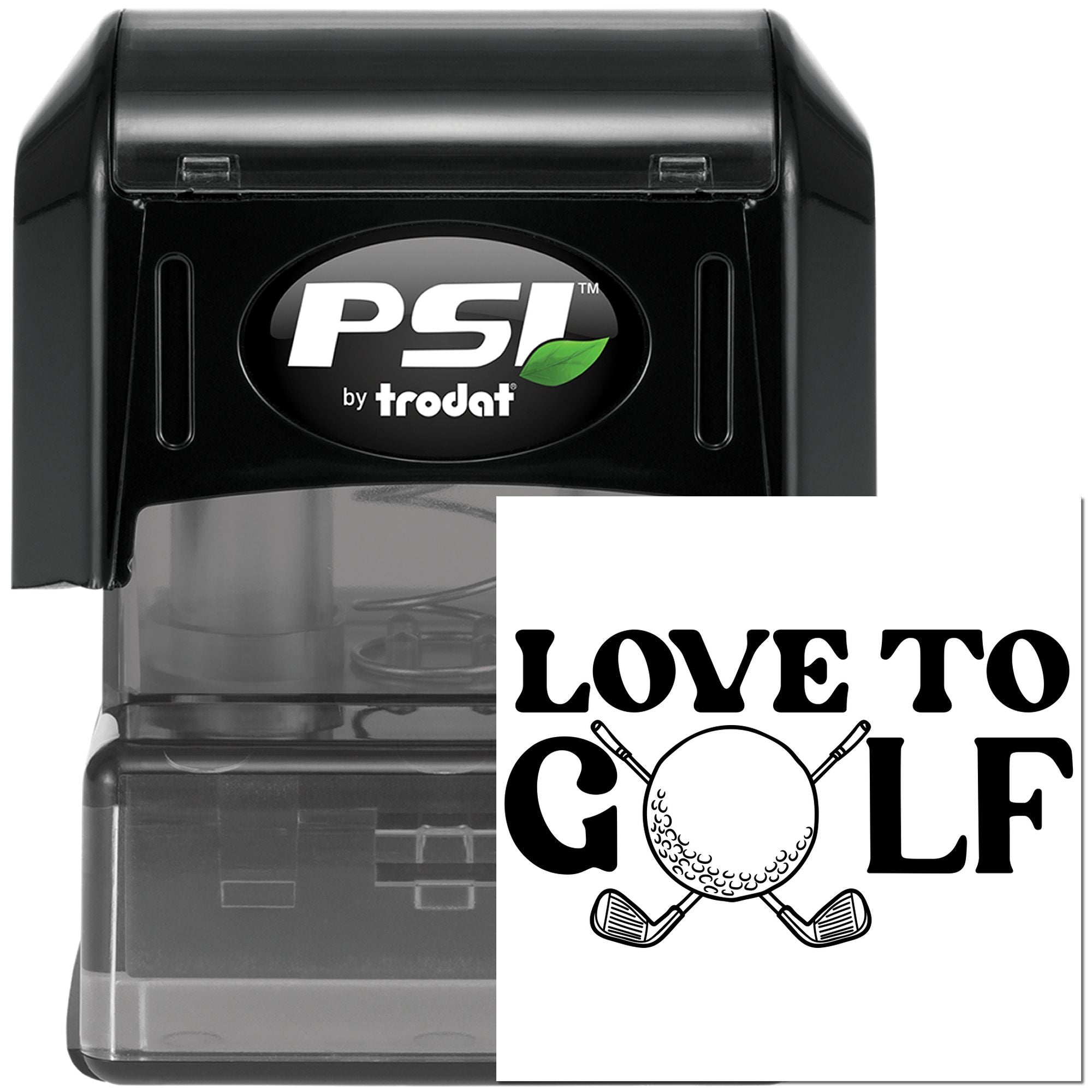 PSI by Trodat self-inking rubber stamp with custom Love to Golf design for personalized golf-themed stamping.