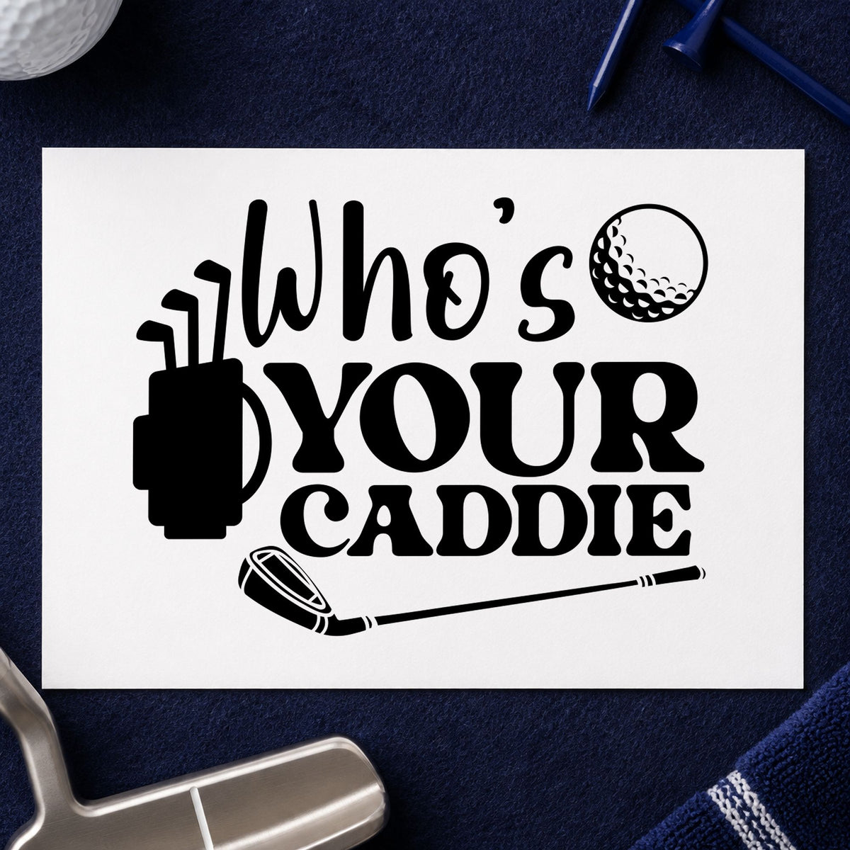 Who Is Your Caddie craft stamp in black ink on cardstock, an easy option for loop season album page.
