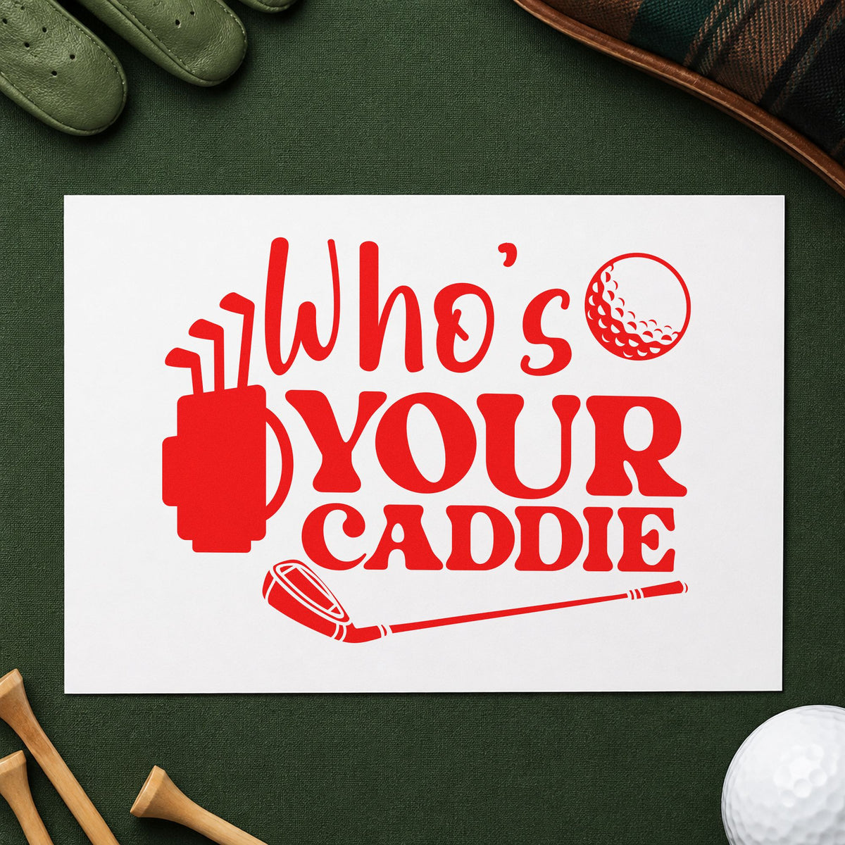 Who Is Your Caddie craft stamp imprint in red ink on a handmade project, one idea being etiquette note cards.